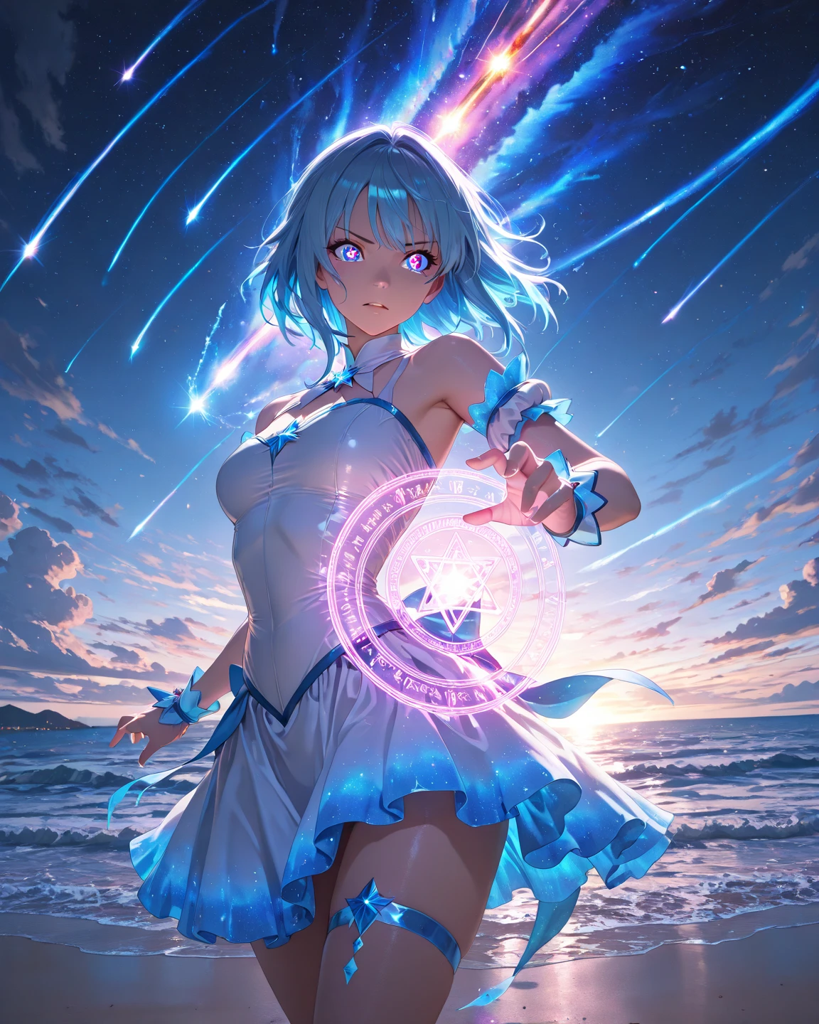 (Best quality,4K,8K,A high resolution,Masterpiece:1.2)((my)),huge tit,blue hairs,Blue and white skirt,Scepter in hand,Deep purple pupils,Pink and white bow,a matural female,Purple crystal aura,white clothes,clothes torn,White hood,Tear mole at the corner of the right eye,white stockings,goddes,face expressionless,White gloves