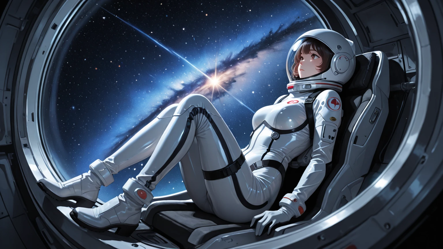 woman astronaut inside a space station, (space suit and pants:1.2), floating in zero gravity, spread legs, windows, space, earth in the background, <lora:taiwanDollLikeness_v20:0.6>
