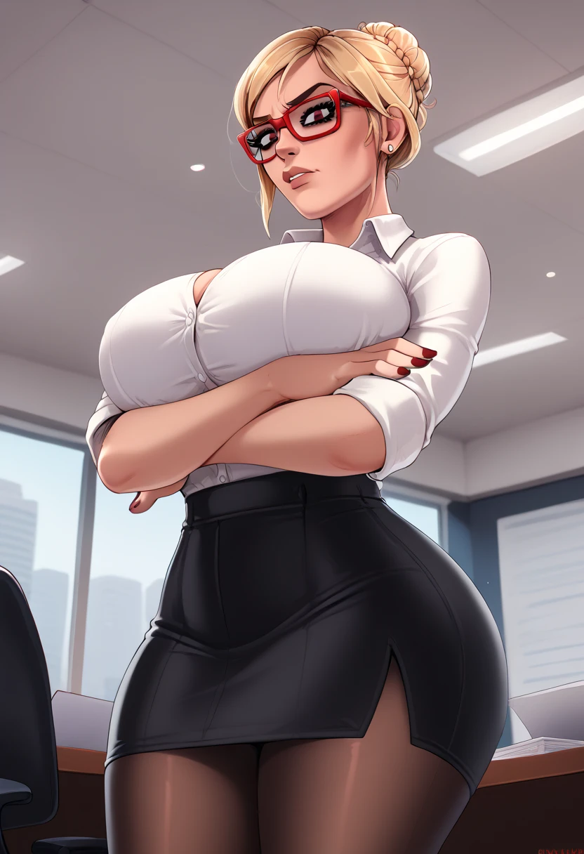 50 years old, A woman with short blonde haire, square cut Real women, she has an hourglass figure, she has a surreal, hentai-like physique, with exaggerated curves that showcase large buttocks and voluminous breasts, she is verry slim

Executive: Elegant woman
Outfit:
Jacket: fitted black blazer.
Top: White silk blouse, slightly sheer.
Bottom: Charcoal gray cigarette pants.
Shoes: Black pumps with heels.
Accessories: Silver metal watch and discreet earrings.
Modern desk: Glass desk with laptop.
Banana: In mouth, held with one hand.
Eyes: Angry, eyebrows furrowed, focused on work.
