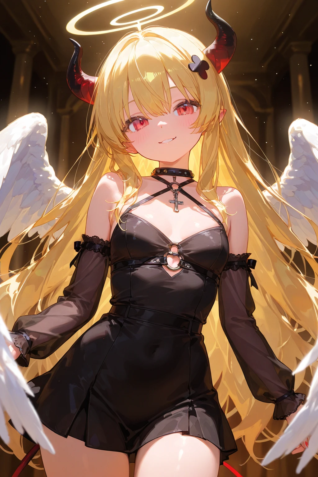 anime, girl single, blonde, red eyes, black dress, off-the-shoulder, black angel wings, night