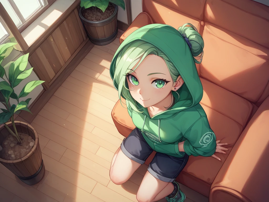 close-up photography of female, shy, skinny body type, (looking at viewer:1.3) BREAK wearing pistachio hoodie BREAK (oyster side bun hair:1.2) BREAK foggy forest in background,