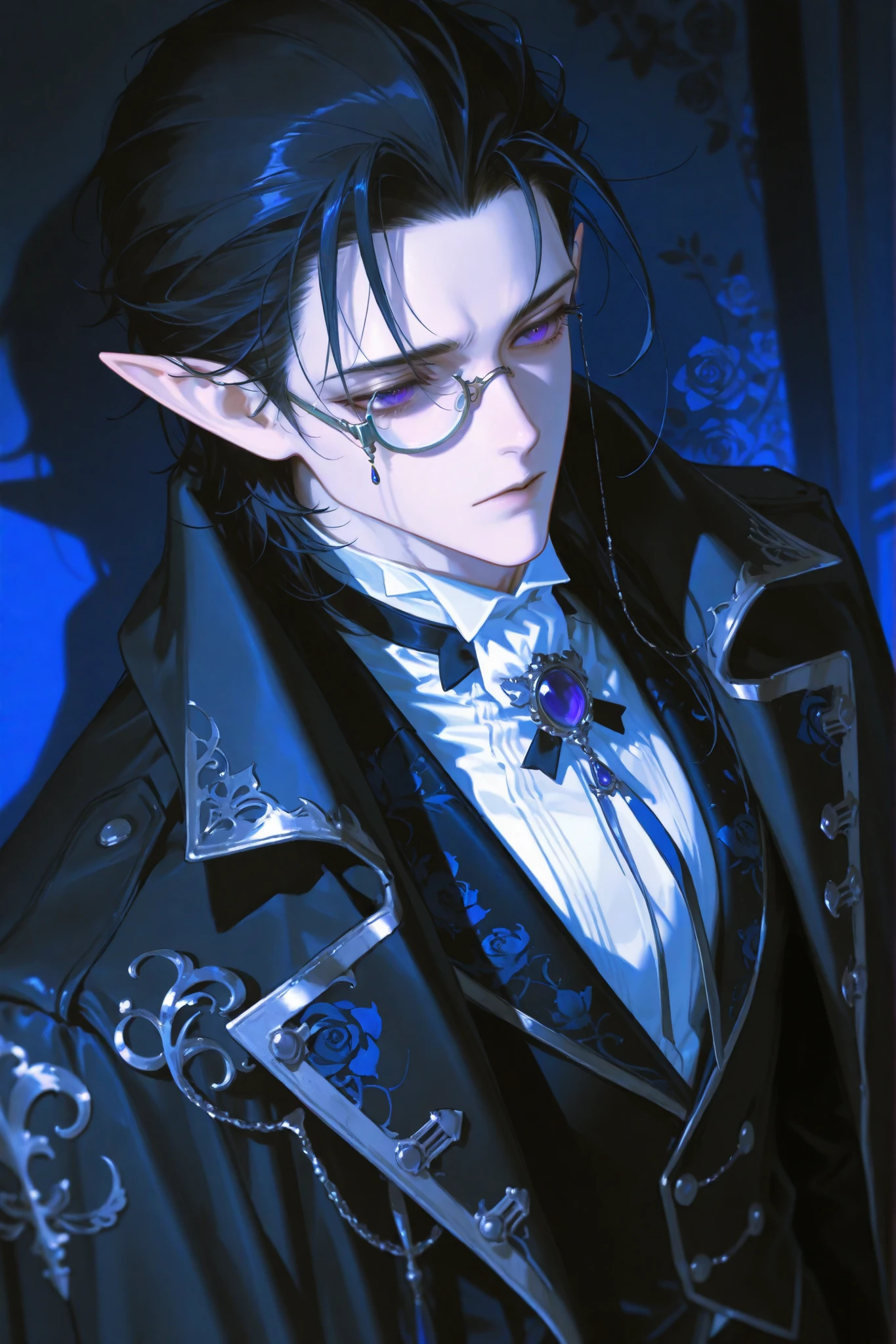 {elf, monocle, hood, overcoat, high collar, floral patterns on clothing, lord of mysteries}, 8k, Safe Solo, 아름다운 masterpiece, 35 year old man  ,mature 남자, Handsome and strong looking man, gothic fantasy, victorian clothers, overcoat, elf, strong appearance, handsome, Sturdy body, manly appearance, black hair, disheveled bangs, disheveled bangs, Slicked back hair, dark colored eyes, Male-centered, handsome man. 화면을 주시하는, Perfect eye shape, masterpiece, Delicate line drawing center, Rough touch, Premium, amazing quality, very detailed, mature, monocle, mage, hood, alone, dynamic angle, dark mood, shadows on the face
