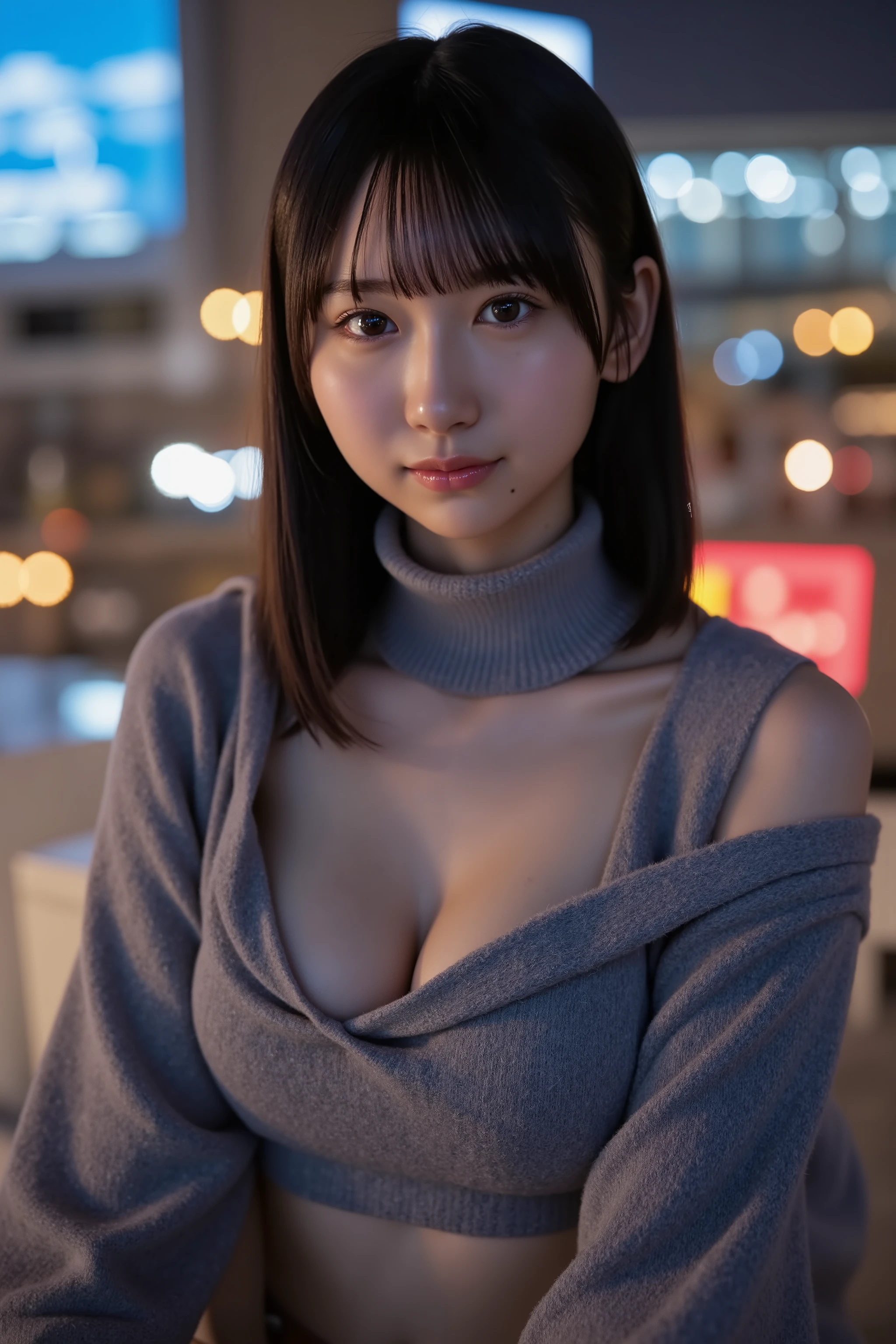 32k, Masterpiece, top quality, a beauty girl, delicate girl:1.3, fair skin, neutral expression, soft muted lighting, Intense handwriting, dreamy nostalgic feel, close-up, sharp focus, blurred background. 1girl, black hair, turtleneck sweater, (cleavage cutout:1.5), (chest cutout:1.5), large breasts, narrow waist, cute girl, idol, full body, abs, (Eyes and facial details:1.0), (Get closer to the face, Zoom in on face, Face Focus:1.0), Skyscrapers, night, neon, reflecting light, glass windows, 