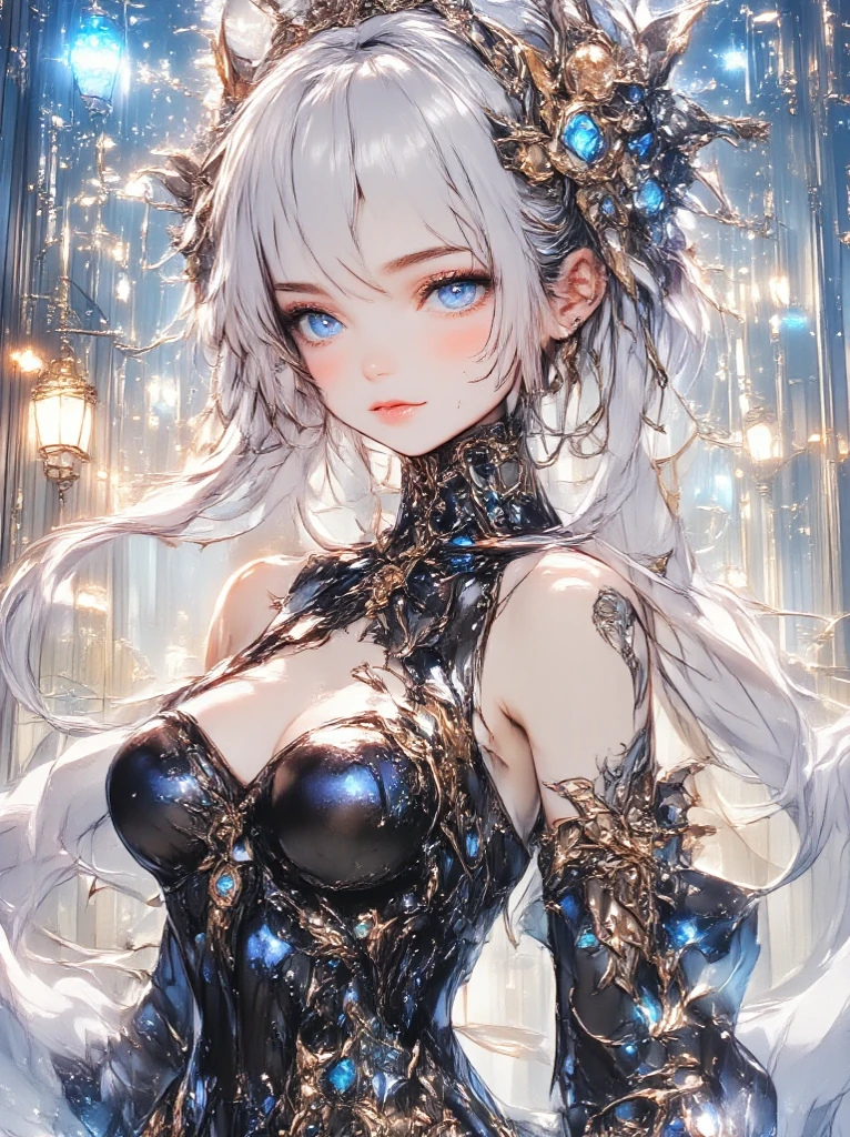 High-definition RAW color art, animation,sculptures, Silver Marble Skin, (((Ultra detailed elegant))), magical atmosphere, detailed skin, texture,(intricately detailed, good detail, ultra detailed art), Depth of fields, bokeh, silky touch, hyper detail, matte drawing, (gear factory), pretty eyes, elegant face, neon light, nice chest, looking sideways