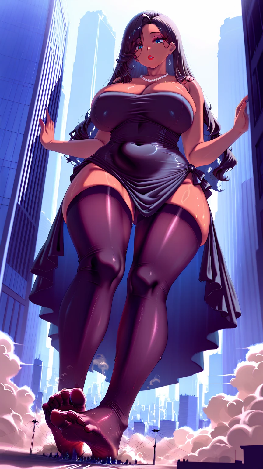 thick hips, thick thighs, platform heels, bandeau dress, huge breast, thin waist, bob cut hair, pale skin, thick body, glasses,