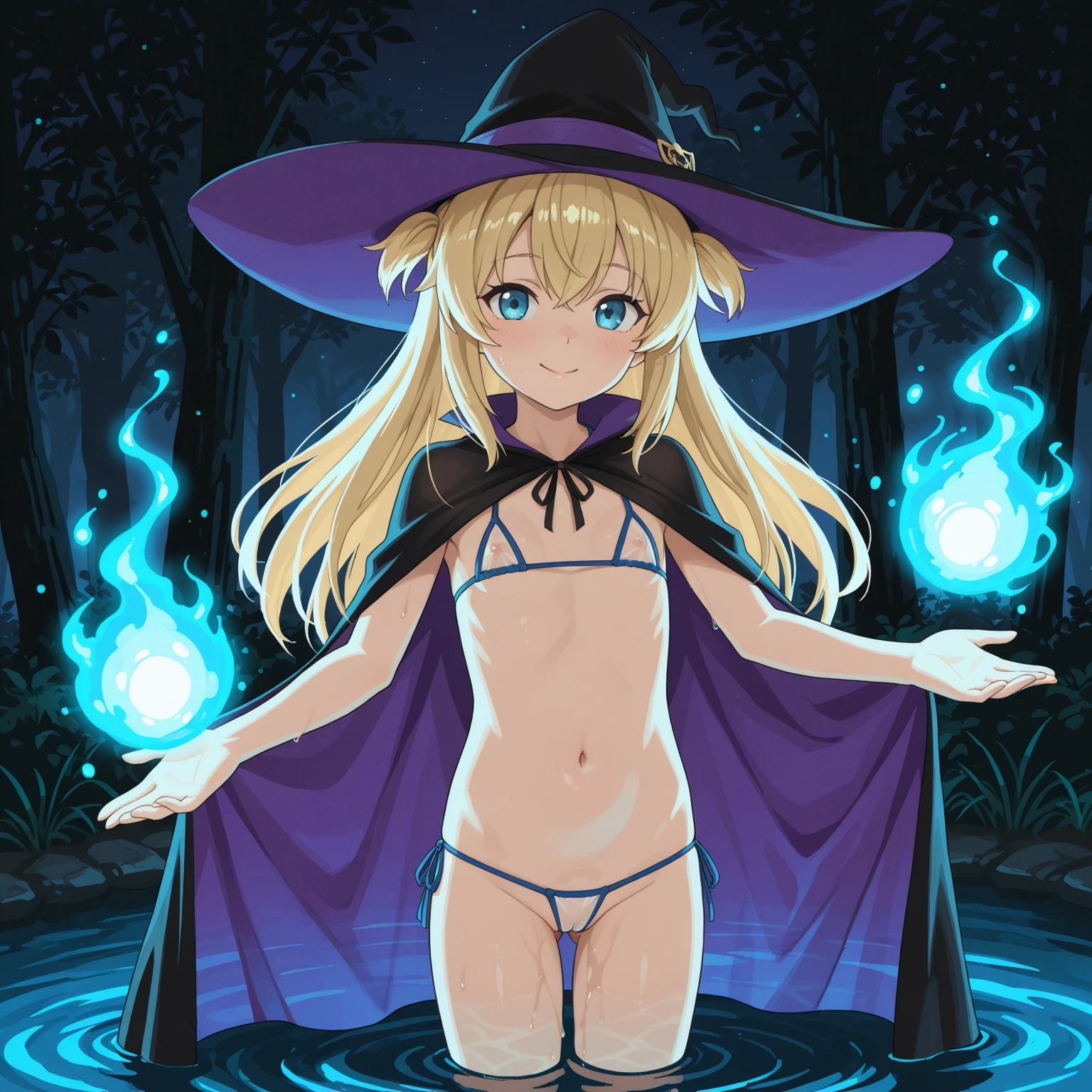 ((8k: 1.27), (maximum quality, art, super high resolution: 1.2), (4K illustration quality), Perfect Female Body, Slim body, long and curly hair, blond hair, ((naked underneath wearing a black cape)), No panties, No bra, showing legs proiminent nipples, small breasts, ((dark forest)), ((night))