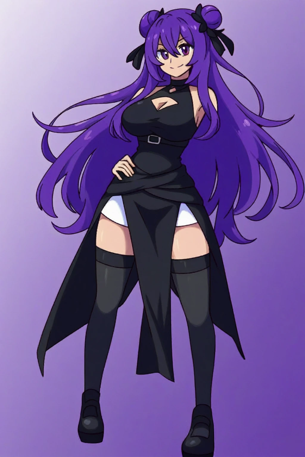 (masterpiece, best quality:1.3), Coffing, Thin Lineart, Cel-Shading, Desaturated Colors, 1girl, solo, looking at viewer, huge breasts, mature female, white background, depth of field, wide hips, thick thighs, sharp focus, purple hair, purple eyes, long hair, smile, cowboy shot, purple scarf, ponytail, gloves, scarf, thigh strap, dress, black gloves, long sleeves, coat, black coat <lora:Coffing Style Lora:.85>