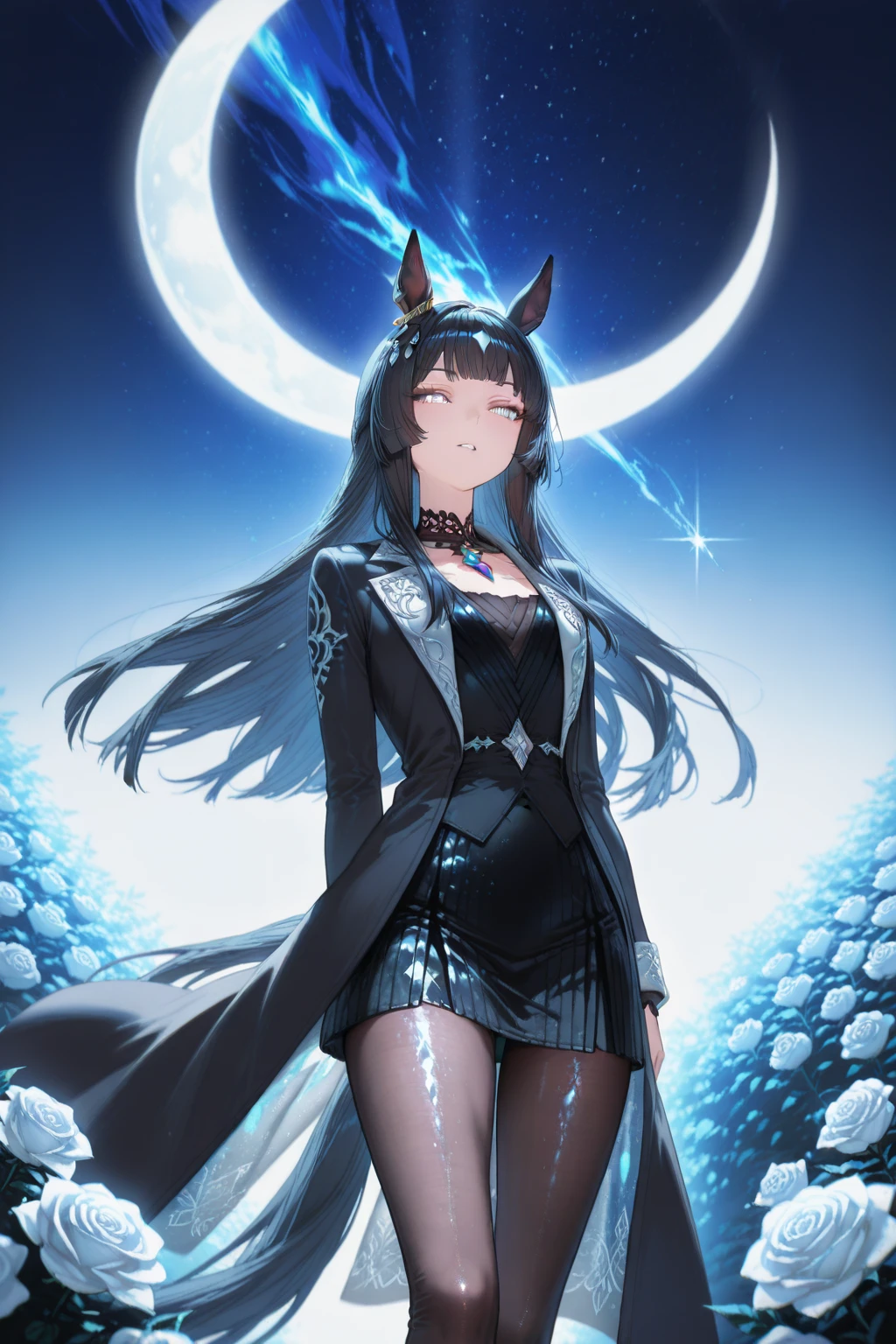 Electric purple magic cat with white eyes and black fur details that uses poison magic and flame magic, violet fire flames with white, also has a haunted forest background at night next to the full moon and its stars 
