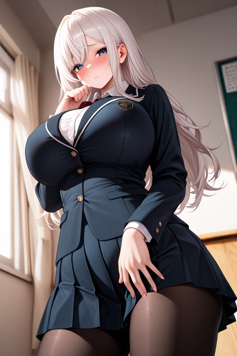 female teacher、Being threatened by a man、Long skirt、suit、Large Breasts、Too big breasts、classroom、gigantic breasts,bursting breasts、best quality, perfect skin