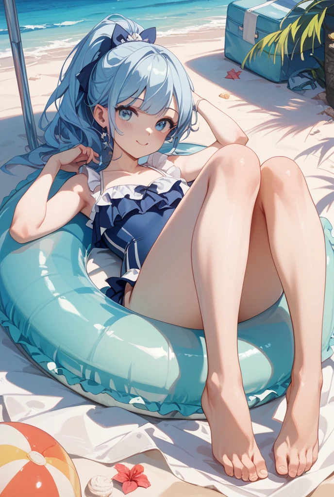 Anime girl wearing dark blue hair wearing whote bra and white panties sitting on a floatie full body and white screen her eyes are blue