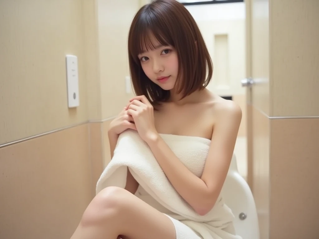 Completely naked、Lower body naked、No underwear、Lower body exposed、Pussy、reality的, Highest quality, masterpiece, Ultra-high resolution, (reality: 1.4), Original photo, 1 female, mature, smile, short hair, Plump body, , Cinema Lighting, From below, Have fun on the beach, Cowboy Shot,