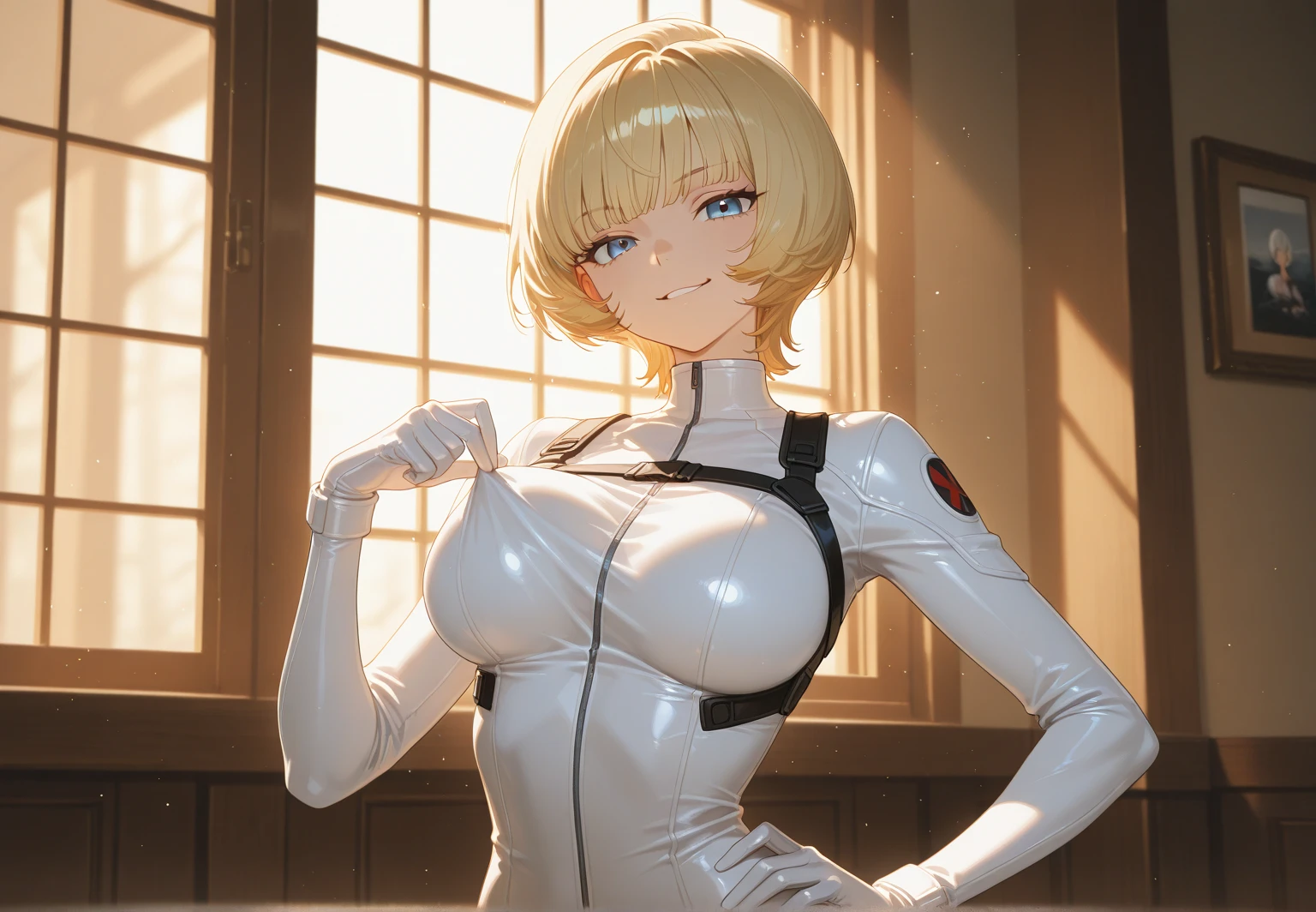 Very attractive woman, wearing designer dress, very white skin, short blonde hair, large futuristic cyberpunk style office in the background, 2D DRAWING, 2D ART