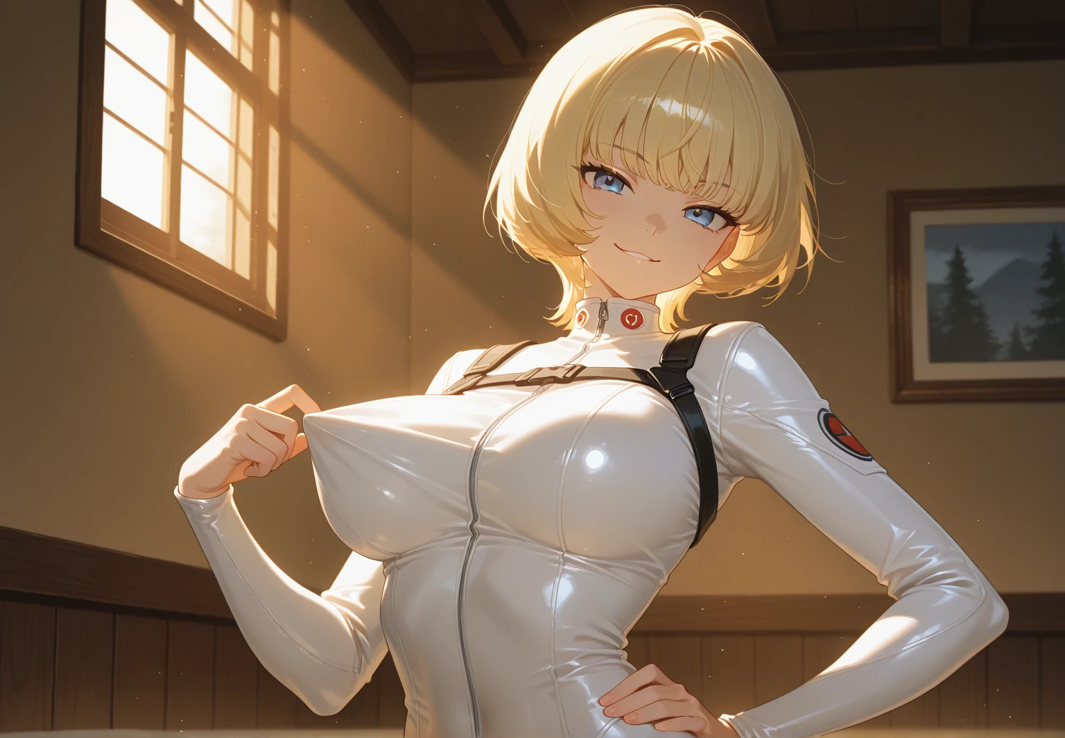 35 years old woman, milf, beautiful, short blonde hair, crimson eyes, pale white skin, amazing Body, big breasts, thick thighs, milkmaid, super micro small transparent open dress, without bra, pose simple, blurred background. No blur lines, perfect lines and details, (masterpiece), armor that barely covers her skin. No panties, perfect detailed colors and shadows, full body picture. Erotic woman, most erotic and sexy girl on the planet, nsfw, most beautiful face, deep cameltoe, showing nipples, looks a little like starlight from The Boys tv show, nsfw, in a classroom, small sexy hero costume