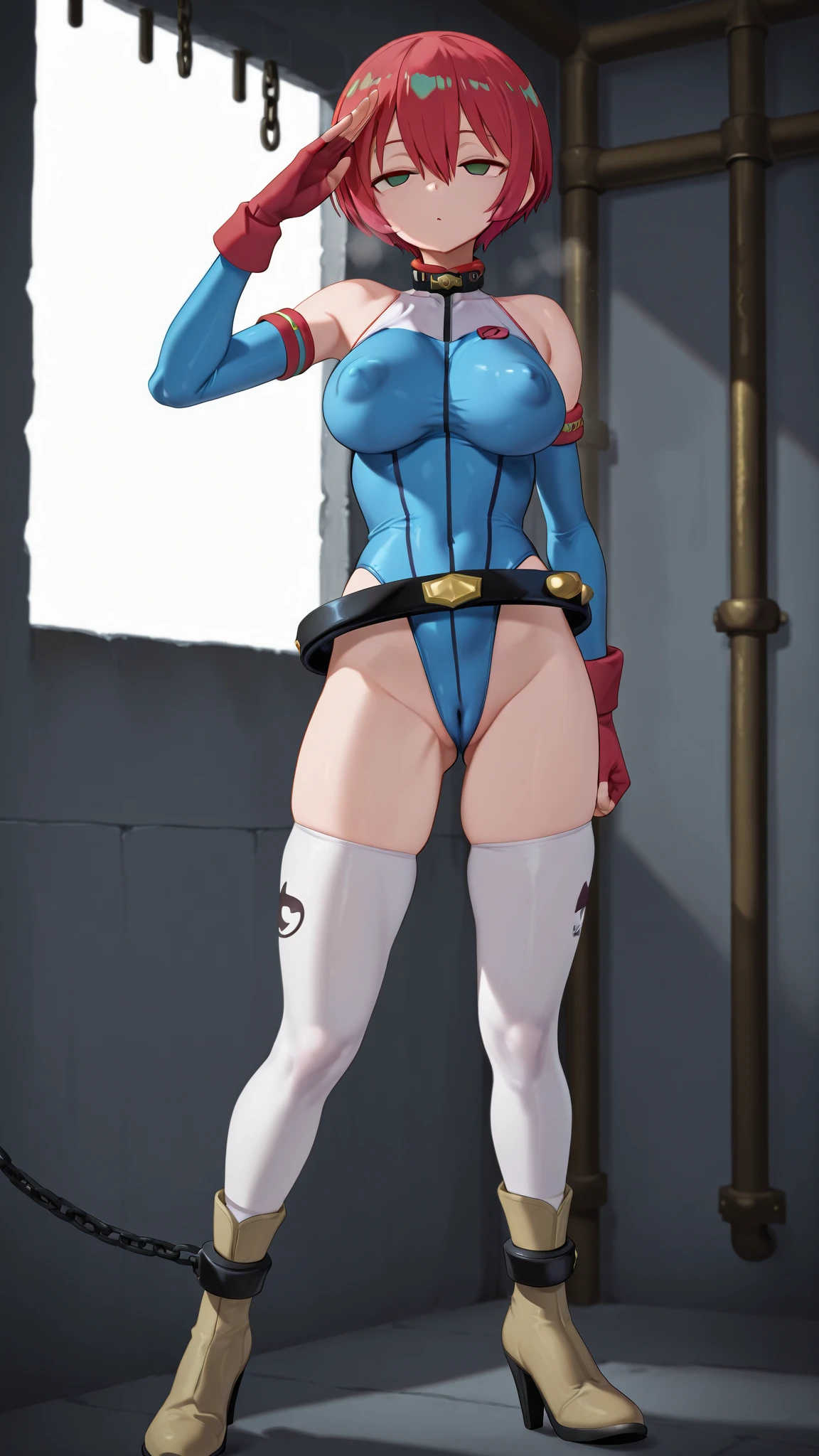 ultra-detailed, Explicit, Beautiful body, Beautiful Nose, Beautiful character design, perfect eyes, perfect face, ultra highres, 4K, beautiful legs, perfect legs, Nice hands, Perfect hand, Masterpiece, Best Quality, Highly detailed, illustration, absurdres, perfect ???????, street fighter, doll suit, shadaloo doll, dollsuit, expressionless, looking at viewer, red gloves, emotionless, black latex, corruption, mind control, female combatant, full body, hypnotized, unhappy trance, full body suit, ribbed bodysuit, both arms at side, obey, perfect female body, extremely glossy latex, hypnosis, hypnoLora, empty eyes, Blank eyes, Mind control device, poses, submissive_pose, Slave, stand up straight, standing, standing at attention, hat, necktie, belt, latex, ribbed bodysuit, thighhighs, garter belt, Fighting Stance, extending the right arm from the shoulder into the air with a straightened hand, military, thigh boots, 1girl, hair ornaments, brown hair, medium hair, brown eyes, (((pixel-perfect, detail-perfect))), solo, 1girl, Kawasaki Sakura, Idoly Pride, short twintails