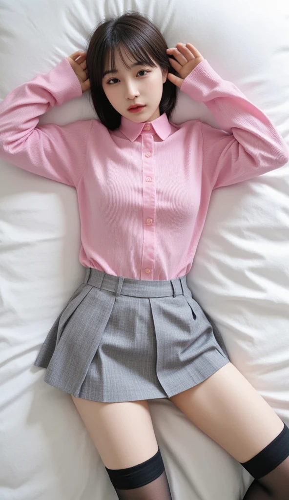 Sleeping girl,22 year old,realisticlying,She wore long trousers,Wearing pink lace pajamas,black color hair。