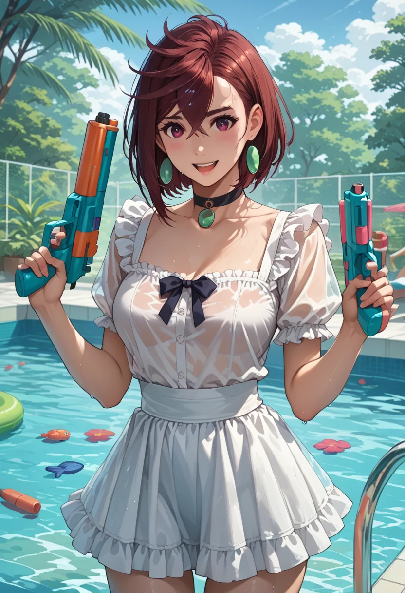((Highest quality、masterpiece、、Realistic、超High resolution、Very delicate and beautiful、High resolution、Cinema Lighting))、 Pool、((A scene where a woman splashes water on the viewer:1.9))。((Short Wavy Hair:1.6))、smile。(Brightly colored swimsuits with easy-to-move-in designs)。Her movements are very lively and fun.、(Water splashes everywhere。背景には青いPoolの水とPoolサイドのデッキチェアとパラソルが見えます.。The sky was clear and、The sunlight reflects off the water surface)。The overall atmosphere is one of summer fun.。((head buck))