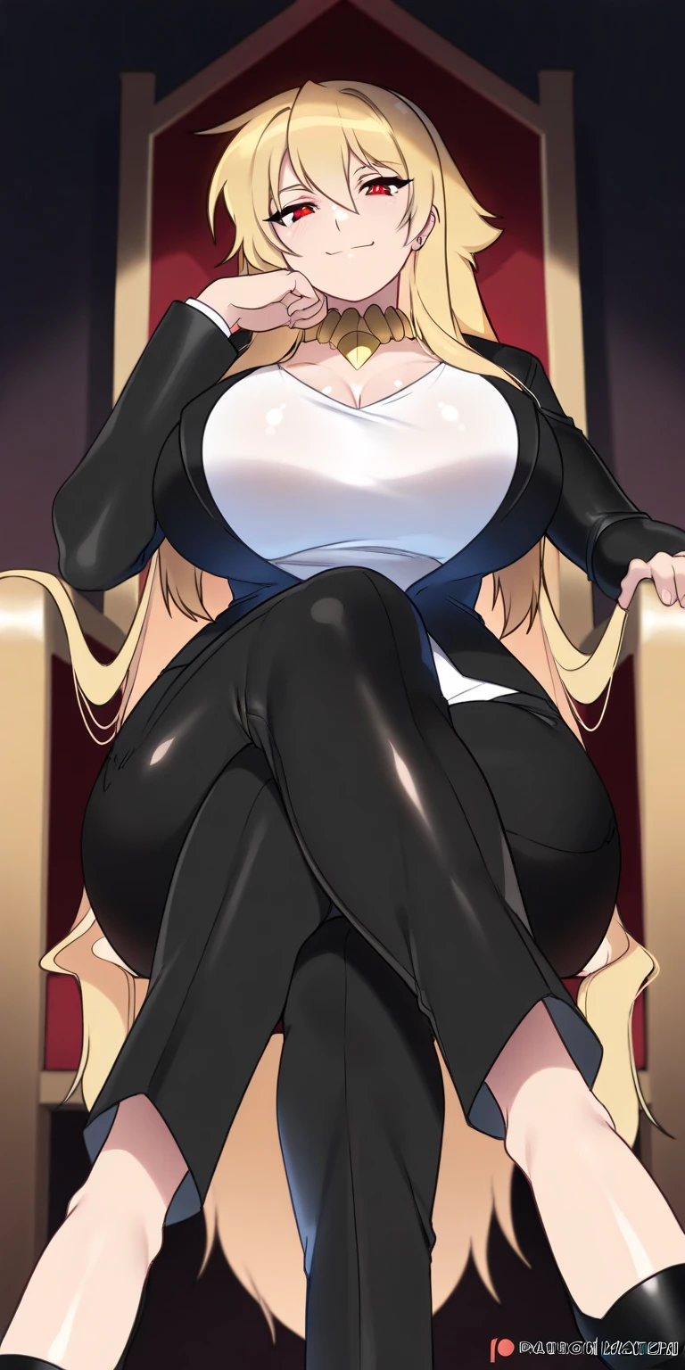 Mlynar-Arknights Super huge big breasts breast enlargement Black Knight suit, dark circles under eyes, expressionless, holding coffee in hand, sitting alone on a chair and looking at the camera, full-body shot
