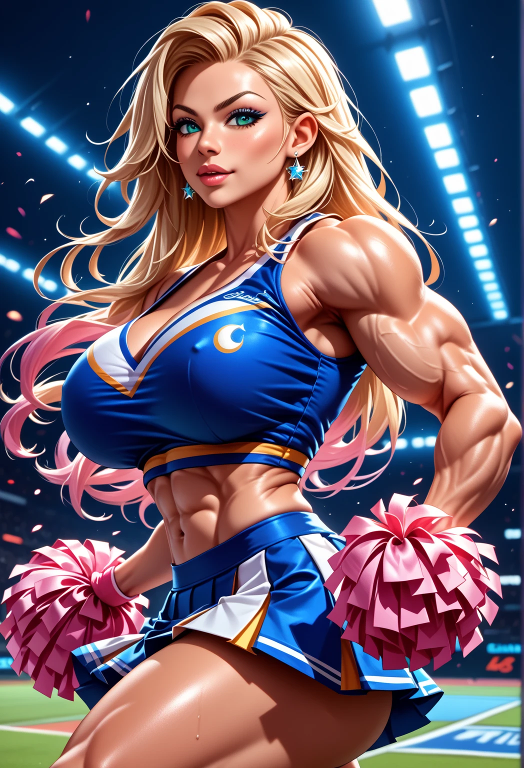 Pretty north European girl who’s captain of the cheerleading team, detailed face and eyes, looking at viewer, masterpiece, best quality, shallow depth of field, 8K HDR, huge breasts, 85mm photo, shallow depth of field, tack sharp, (1girl:1.9), 18 years old, ginger-blonde hair, blue eye, tanned skin, short ponytail, 6’2” height, (wearing two piece cheerleading outfit:1.7), (very large perky breast:1.6), showing abs, chiselled abs, (chiselled 8-pack abs:2.1), abs of steel, shredded abdominal muscle, cut lower obliques, washboard abs, muscular ass, (gymnast physique:2.0), (large muscular legs:1.3), gorgeous, standing in school corridor, wearing make up, (beautiful feminine face:1.8)