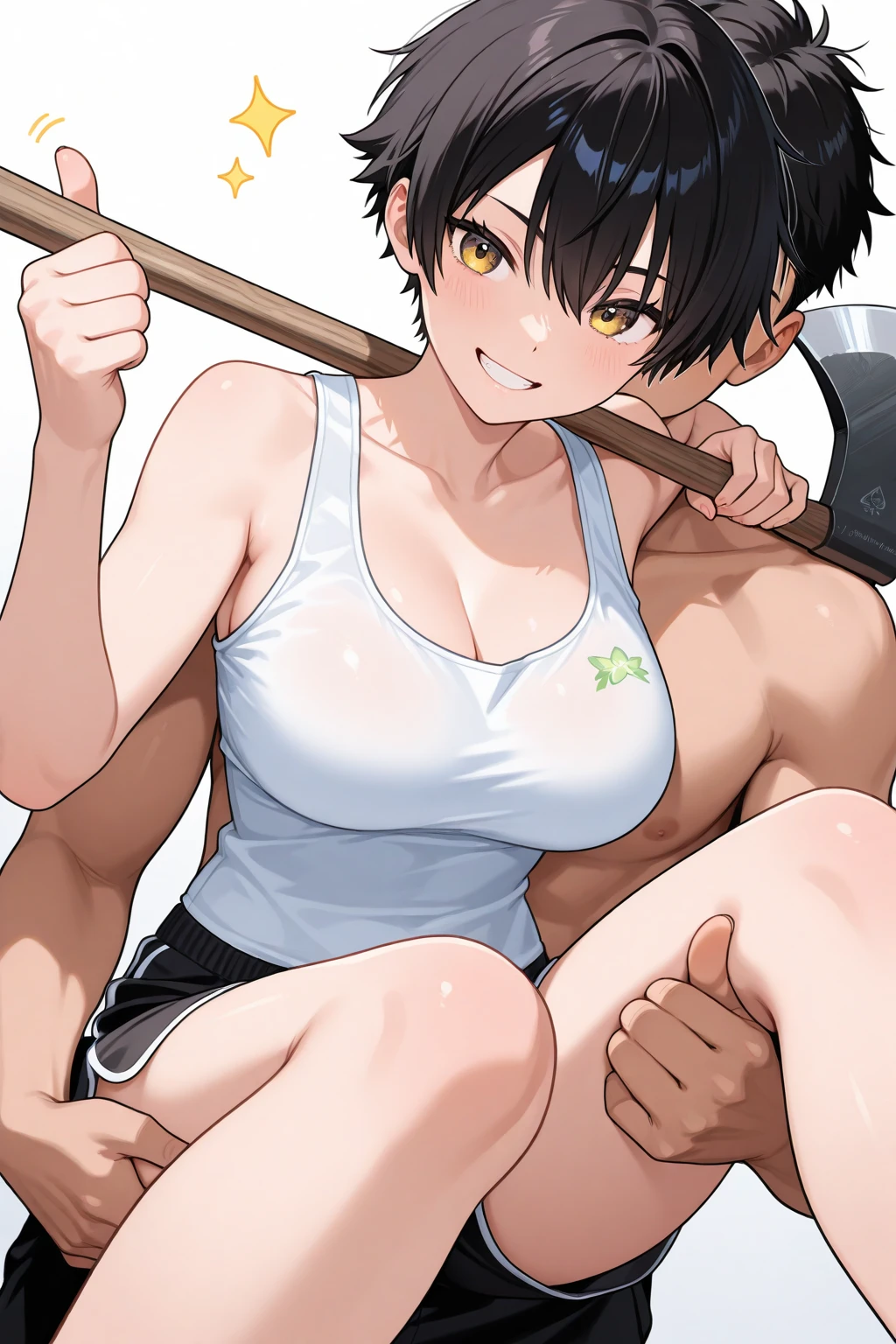 1girl, shiny skin, speedlines, perfect face, size difference, BREAK score_9, score_8_up, score_7_up, rating_explicit, source_anime, Colored, Tomboy, Dark-skinned female, short hair, ahoge, black hair, large breast, tribal tattoos, cleavage, exposed nipples, Hourglass figure, Athletic body, Slim-fit body, Blush, heavy breathing, trembling, short sleeves, midriff, thigh-socks, unbuttoned midriff, camo print midriff, massive penis, long penis, huge testicles, faceless male, interracial, dark-skinned male, ugly fat man, cheating, ntr, black male, living room area, daytime, kneeling, from above, surprised expression, milf