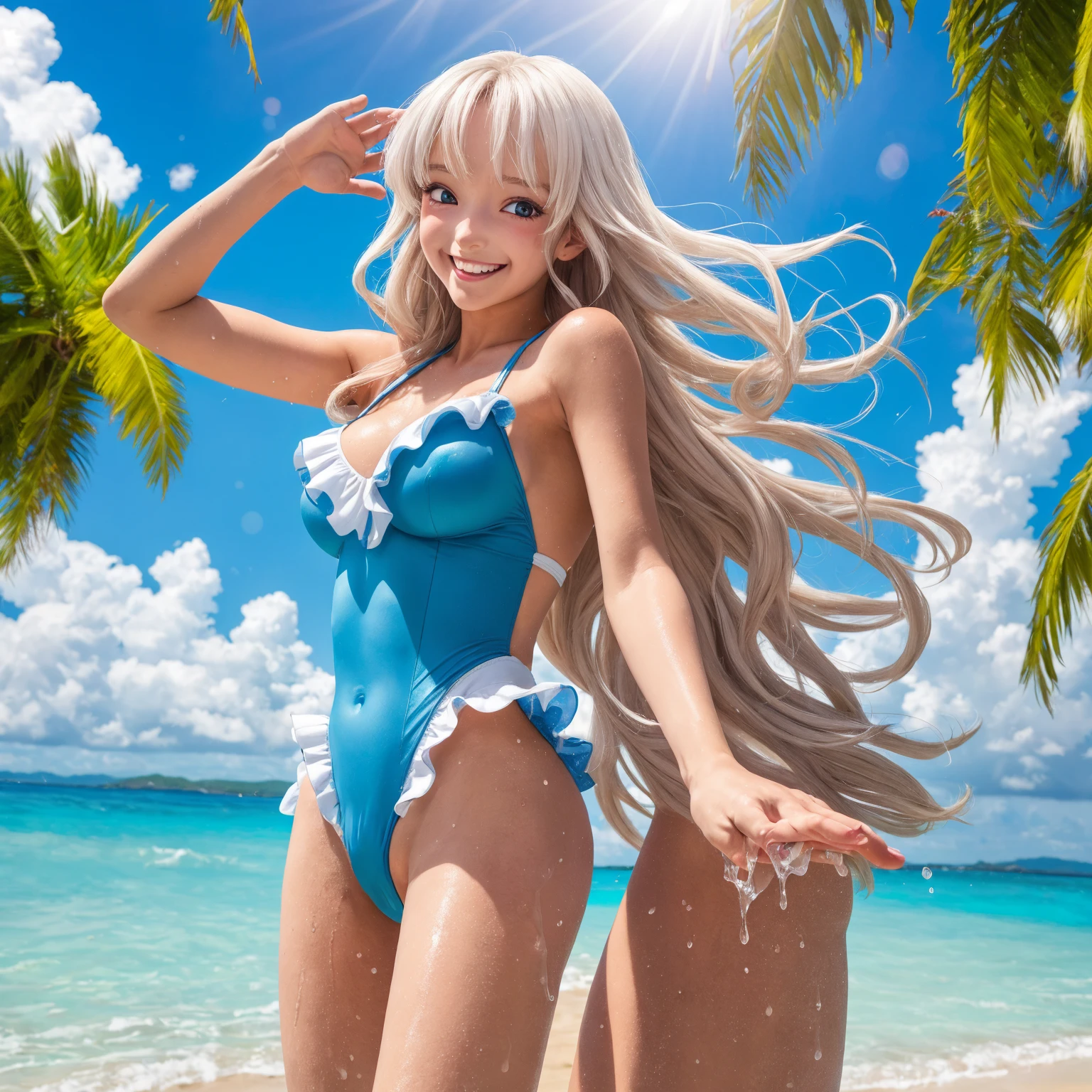 Ocean,9 talents,((White separate swimsuit)),woman,Sunlight from above,(Twin tail hairstyle),Turn around,(smile),Kicking the water at the shore,eye catching,Splattering splashes,Reflector from the opposite side of the sun,瞳に大きなeye catching