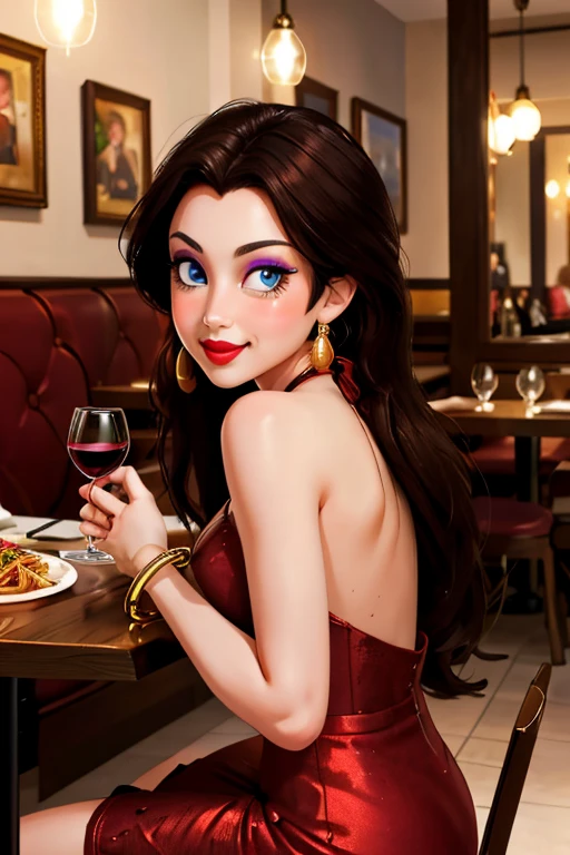Pauline, Long brown hair,blue eyes,lipstick,compensate, Hoop Earrings, jewelry, Long Red Dress,bracelet,Bangles, View your viewers, Captivating smile, blush,
sit behind the table, Inside the Italian restaurant, A table full of food, spaghetti, red wine, Romantic atmosphere, Attention to detail, masterpiece,