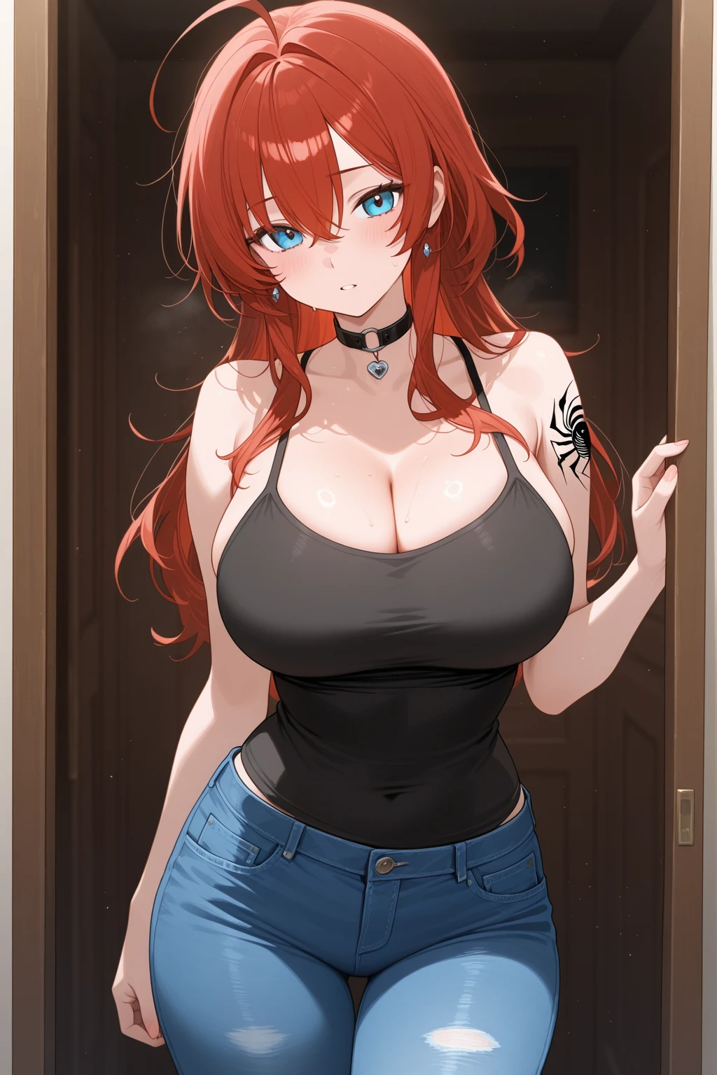 Red-haired woman with red wavy hair, Red eyes, with freckles on the face, wears a black T-shirt, which shows her cleavage, Big breasts and sexy body,  wears jeans, torn at the knees, wears black lipstick, Red hair, Red eyes. She is in front of the house door at night. Anime Style Boku no Hero.