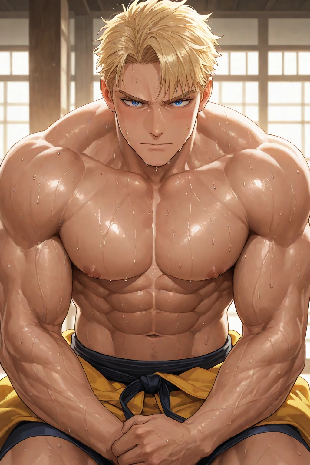 (best quality,4k,highres,masterpiece:1.2),ultra-detailed,realistic:1.37,men Bakugou Katsuki,locker room,taking off clothes,handsome,athletic build,wet bodies,sweat glistening on skin,glistening muscles,rippling abs,shadows and highlights,toned backs,broad shoulders,defined jawlines,piercing eyes,dripping water drops,wet hair,sensuous lips,confidence,masculinity,charismatic smiles,eyes filled with intensity,locker decorations,steam in the air,moisture on mirrors,dimmed lighting,strong contrast,body tattoos,sleek and modern lockers,luxurious bench,shower area in the background,stainless steel accessories,steam rising,exhaust fan noise,intriguing composition,blue color tones,spotlights casting dramatic shadows,professional sports club atmosphere