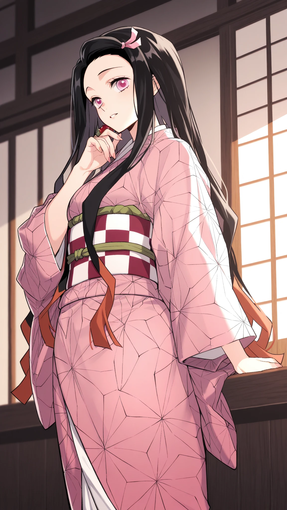 score_9, score_8_up, score_7_up, (nsfw, androgynous, futanari), (Demon Slayer, kimetsu no yaiba style), nezuko kamado, (1girl, solo), (wavy hair, long hair, two-tone hair, multicolored hair, black hair, orange hair, hair ribbon), forehead, (pink eyes, slit pupils), (pink kimono, undressing), (embarrassed expression, blush), looking at another, (medium penis, medium testicles, erection, precum), old style Japanese room back ground