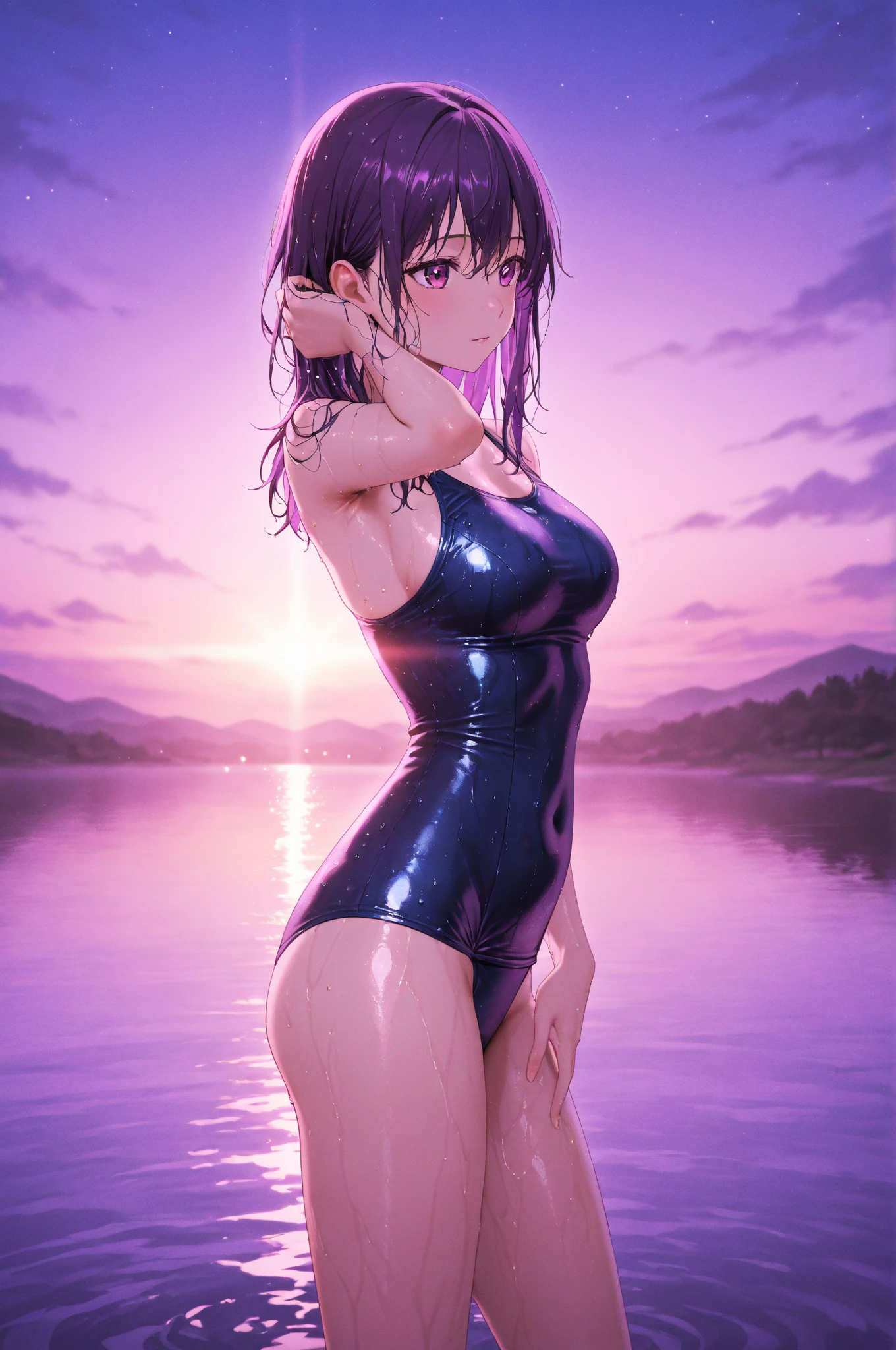 (Master masterpiece:2)、(((extremely fine and beautiful)))、(((The ultra -The high-definition)))、(Ultra-high power of 8 kilometers:2)、(Wet girl:1.4)、(Clarity Metallic Purple Brazilian Bikini:2)、(medium large breasts)、(Transparent skin:1.6)、(Long ponytail hair:1.8)、(Beautiful eyes:1.8)、、(Nominal body type)、(Glamorous:1.4)、(musculature:1.4)、(Thin thighs:1.6)、(Thin leg:1.6)、(A smile)、perfectly proportions,Correct anatomy、Good anatomy、(Correctly drawn limbs:1.6)、(Pose to sit by the pool at night:1.4)、Dynamic Angle、 (luminism),