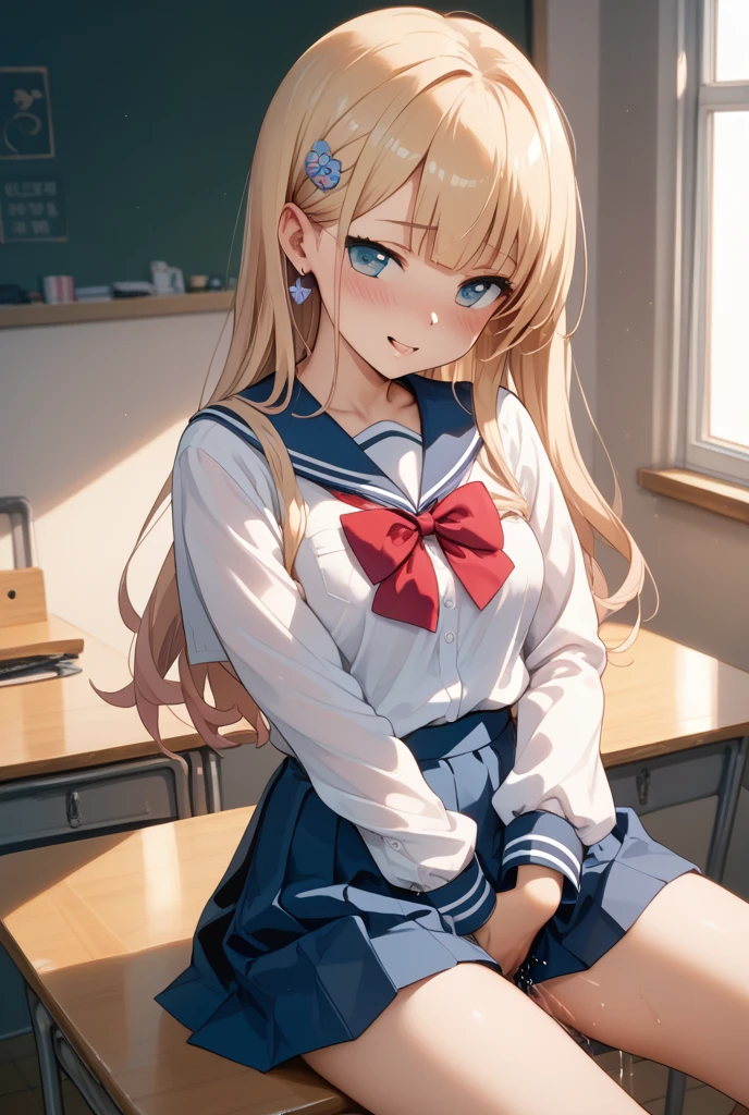(Highest quality, 4K, masterpiece :1.3), Fisheye Lens:2.0,Beautiful woman, 1 Girl, (chest, Attractive body :1.2), ＪＫ:1.1, Blonde: 1.1, Long Hair, Sailor suit, Lift up the skirt,Highly detailed face, Lip details, Beautiful Eyes, double eyelid, smile,The background is the classroom