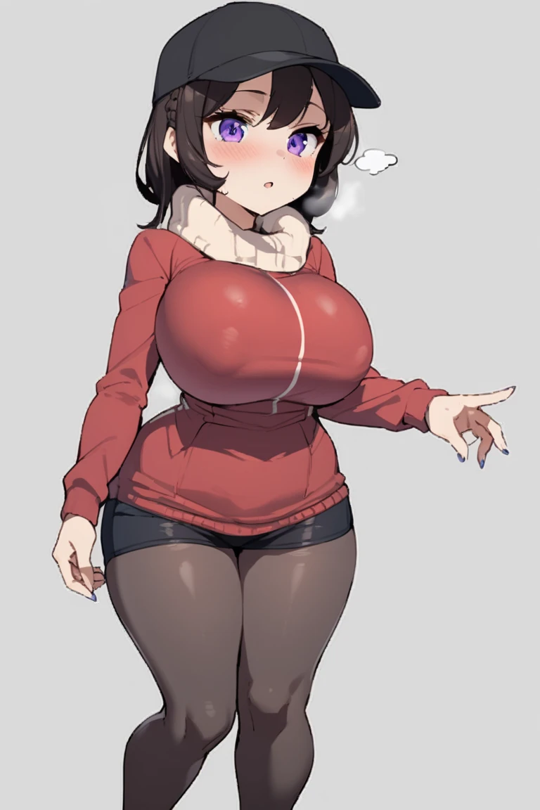 ((best quality)), ((Masterpiece)), (details), best art style, nsfw BREAK Voluptuous short dark maroon hair hair cat only wears a black thong  cameltoe, maroon turtleneck sweater stand, big breasts, underwear cameltoe
