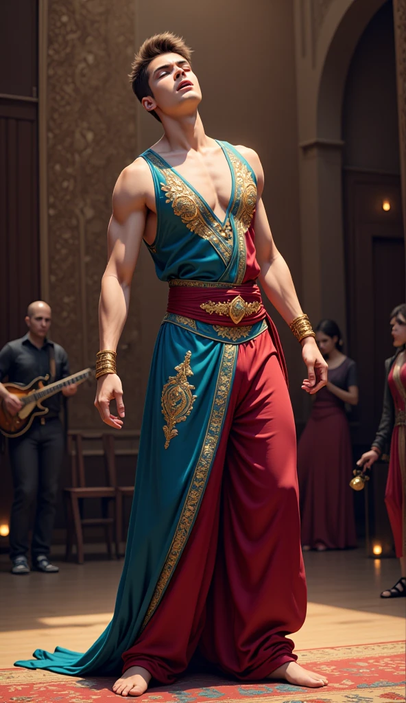 8k, masterpiece, RAW photo, best quality, photorealistic, extremely detailed CG unity 8k wallpaper, Depth of field, Cinematic Light, Lens Flare, Ray Tracing (extremely beautiful face, beautiful lips, beautiful eyes), intricate detail face (ultra detailed skin) 1 boy, Aladdin disney movie, Arabic Uniform , Prince Ali, hadsom Prince, (very slim slender fit-muscled body:1.3), (looking at viewer)), (big smile:1.3), (daylight big buildings, tree, Alladdin Genie,Blue Genie, funny Genie, Aladdin and Jasmine (blurred background),black hair, Aranian skin, Bagdad city background, 1001-night style,show the magic lamp and the genie, Aladdin fly on magic carpet