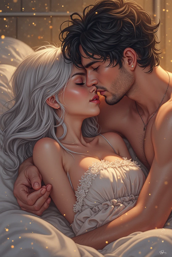 Illustration of a beautiful woman having her breasts massaged by a man from behind。The beauty is 2。With ample breasts、Beautiful face。Reluctant look。Resistant gestures。Wavy silver hair。Indigo eyes。A body that invites men