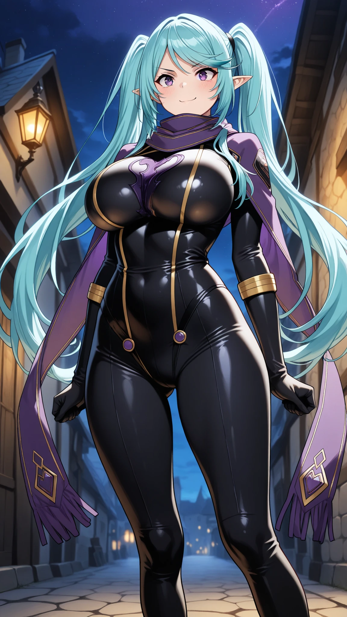 standing straight symmetrical, full body female drow elf slave wearing an adventurer outfit, black blindfolded, (very purple skin), lens flare, overexposure, bokeh, Masterpiece