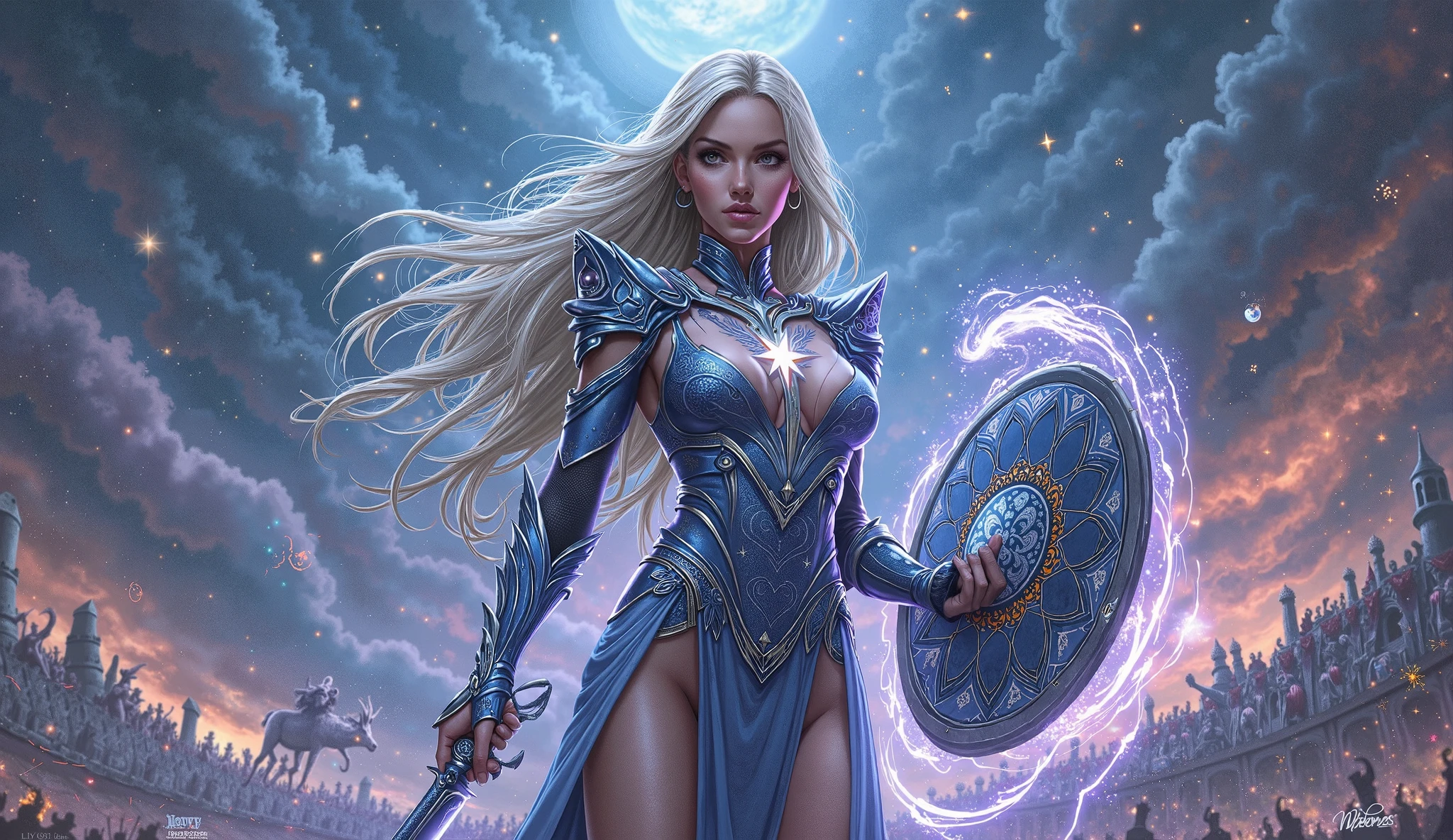 Skin tight frost wizard robes, huge breast, cleavage, 22 year old blonde girl, tiny waist, long legs, icy blue glowing staff (open shirt: 0.5) detailed face, detailed lips, detailed long nipples