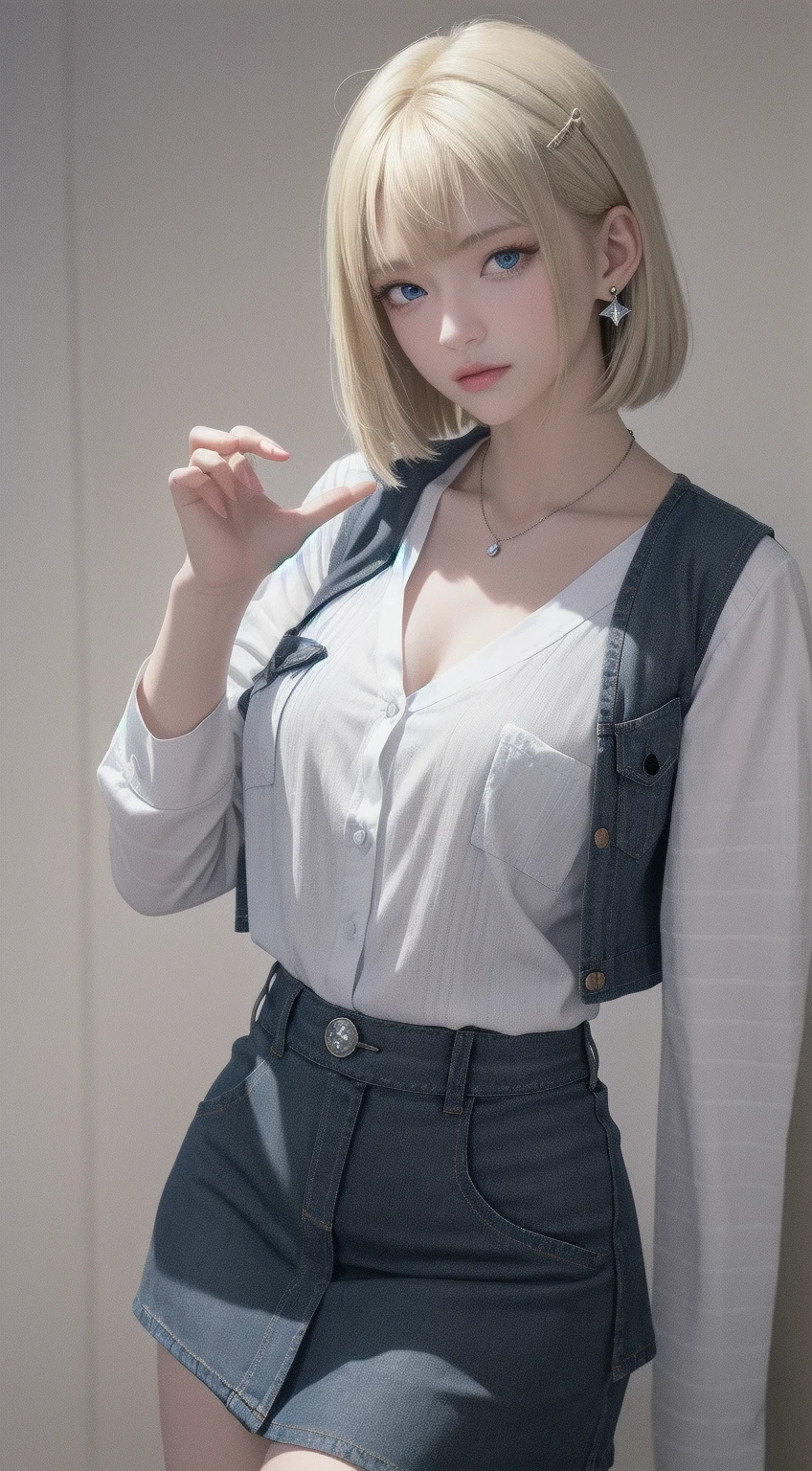 master part, best quality, alto, Lucy Heartfilia, blonde hair, Cabelos Longos, (((seios muito grandes, camisa branca, manga, belt, saia azul))), Standing, inclinando-se para a frente,