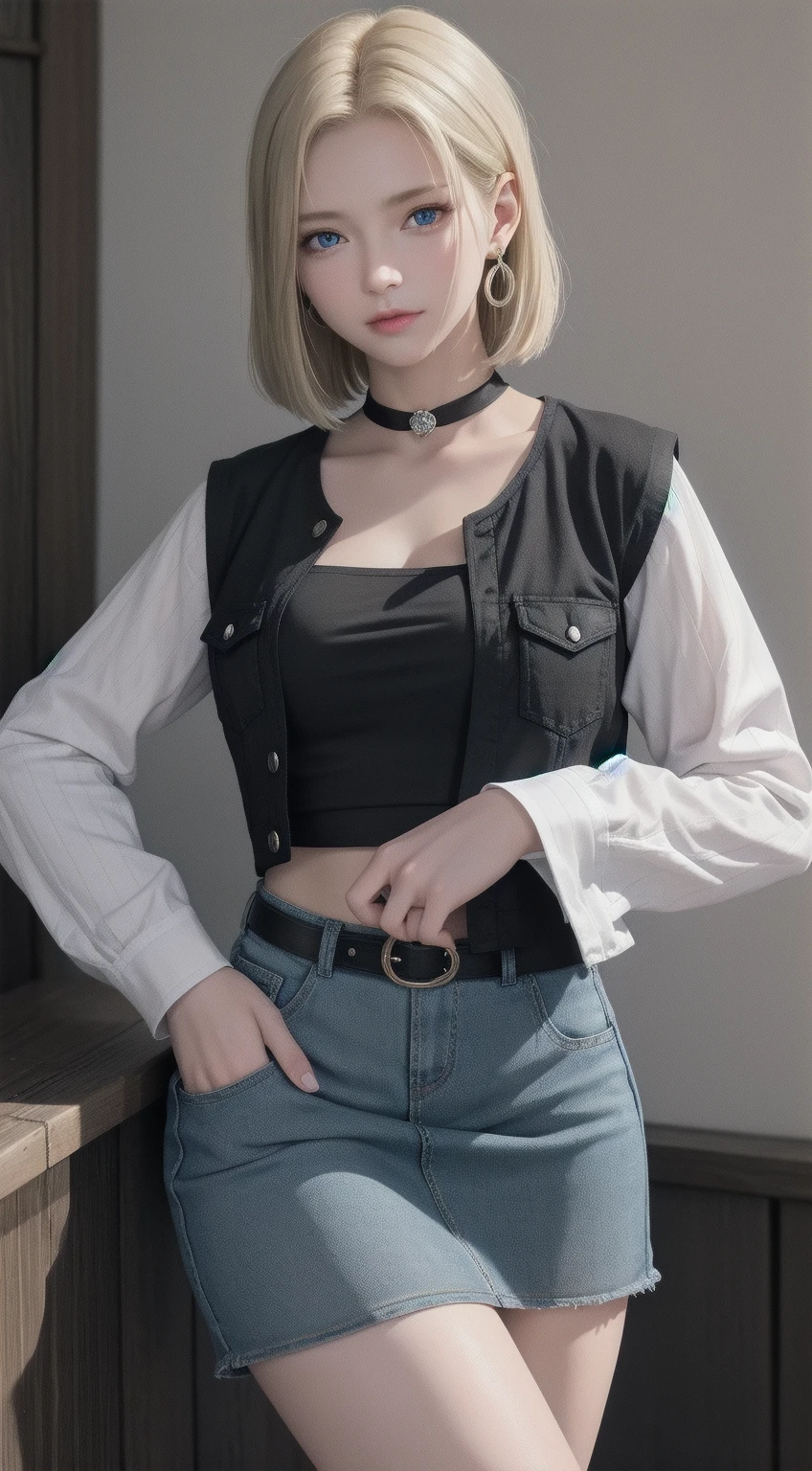 Best quality, A high resolution, and18, 1girl in, Android 18, Solo, Blonde hair, Blue eyes, Short hair, Earrings, jewelry, denim vest, Open vest, Black pantyhose, Black shirt, Denim skirt, Striped long sleeves, Blue skirt, Medium breasts, Cowboy shot, street, (Externally expanded Chest: 1.2)