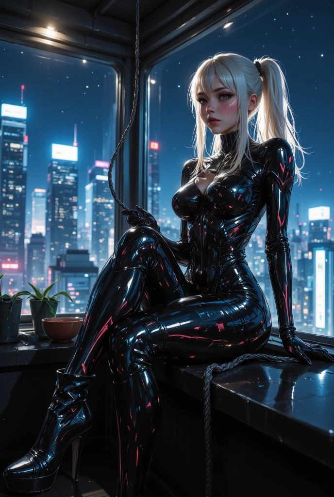 masterpiece， best quality， 8K， Digital painting， 1 girl， solo， stand up， youth， White hair， long white hair， hair accessories， red eyes， round pupils， Emotionless expression， blood stains， Mechanical Parts， electric wire， cable， failure effect， horrifying， science fiction， futuristic， Dark inside the background， neon lights， cyberpunk characters， Surreal， weird， Disturbing， spine-chilling， horrifying， jumpsuit，Red eyes，Venom Possession，blackened，Long black gloves，One-piece Pants，tight latex bodysuit，Highlight her graceful figure,wrap the whole body，symbiont，（（Raised sexy）），jumpsuit，Red eyes，Venom Possession，blackened，Long black gloves，One-piece Pants，Black latex clothing，Blood-red eyes，best quality, High resolution, Super detailed, Vivid textures, mask, tight latex bodysuit, Bangs,purple hair, blue eyes,,etailed face, detailed eyes, detailed hands,elf woman, detailed HANDS
