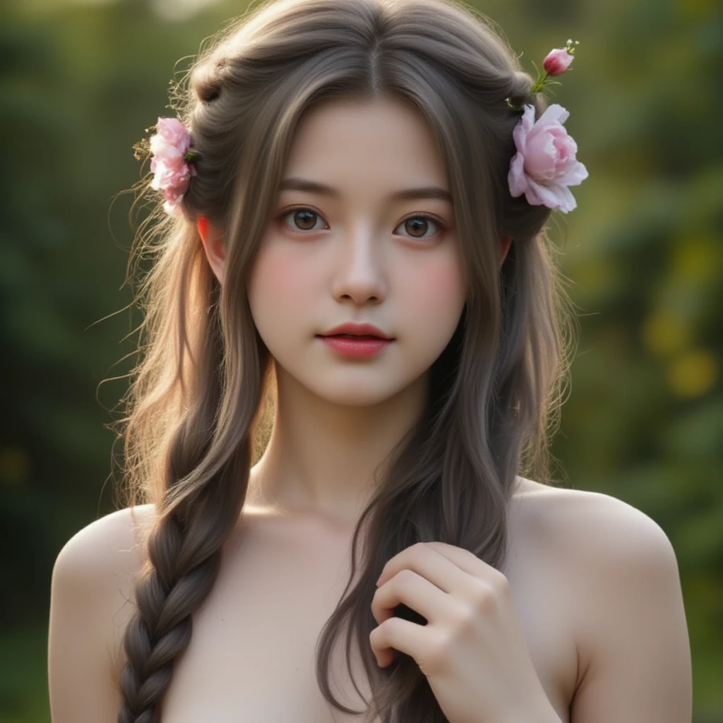 Ultra HD、High resolution、distinct、Elf、Beautiful green eyes、Beautiful braided hair、Completely naked、White and beautiful skin、Big Breasts、、Small areola、Small nipples、hairless labia、