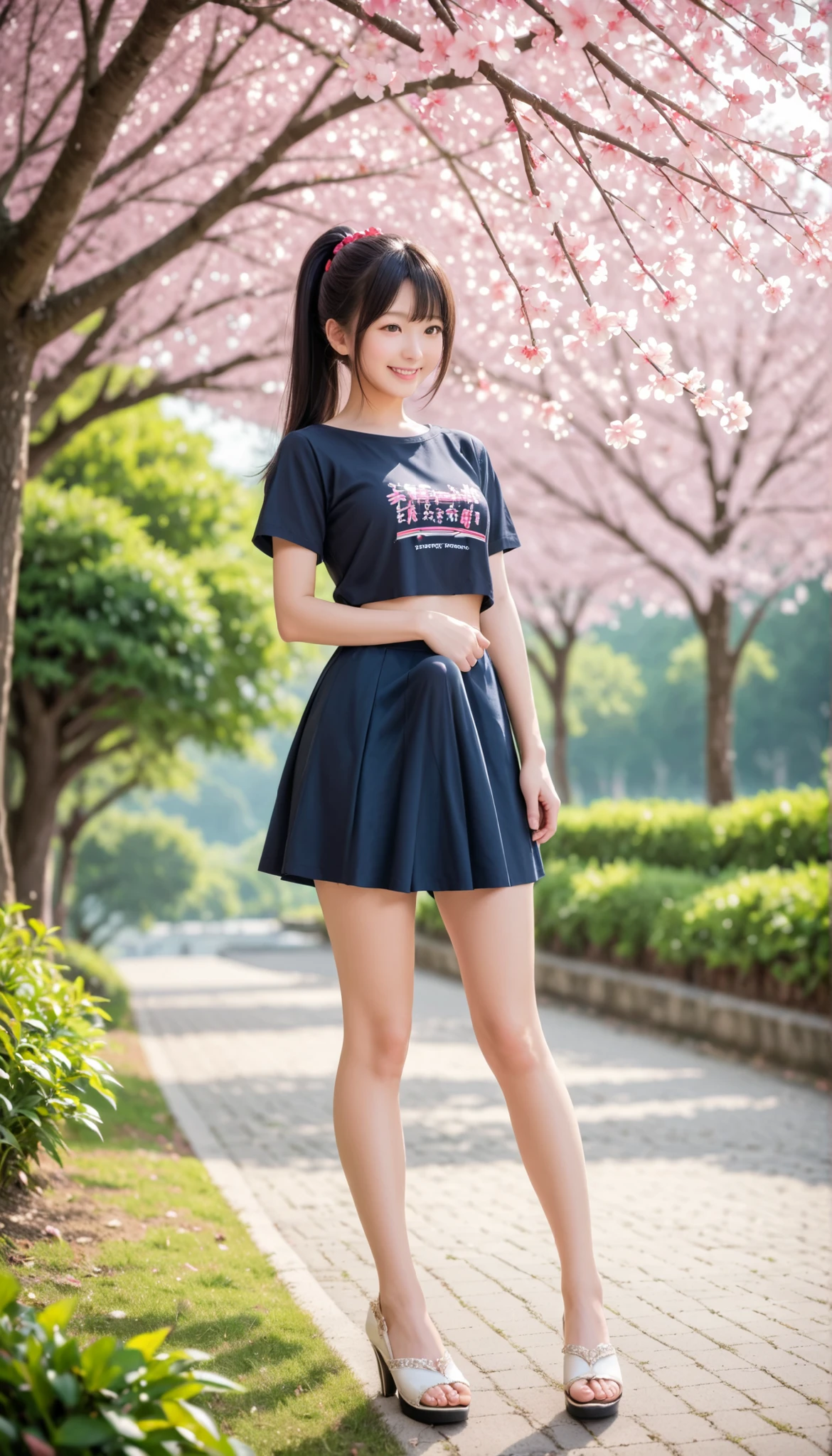 score_9, score_8_up, score_7_up, super detailed, 32K, masterpiece, top quality, super high definition ,nsfw, official art, photorealistic, sharp focus, solo, Classy Japanese woman masturbates alone, ((ponytail)), black hair, small face, natural makeup, cute face, small breasts, curved body, perfect_proportional body looking down at hand, detail high quality, realistic facial depiction with fine hair, Fair skin, Black Short Sleeve Lace Top, Disconnect, Background: Cherry blossom trees along the river, From the front, full body, kind smile, miniskirt, Erection under clothes