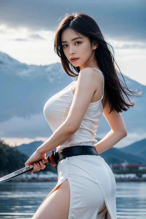 Beautiful girl holding a samurai sword