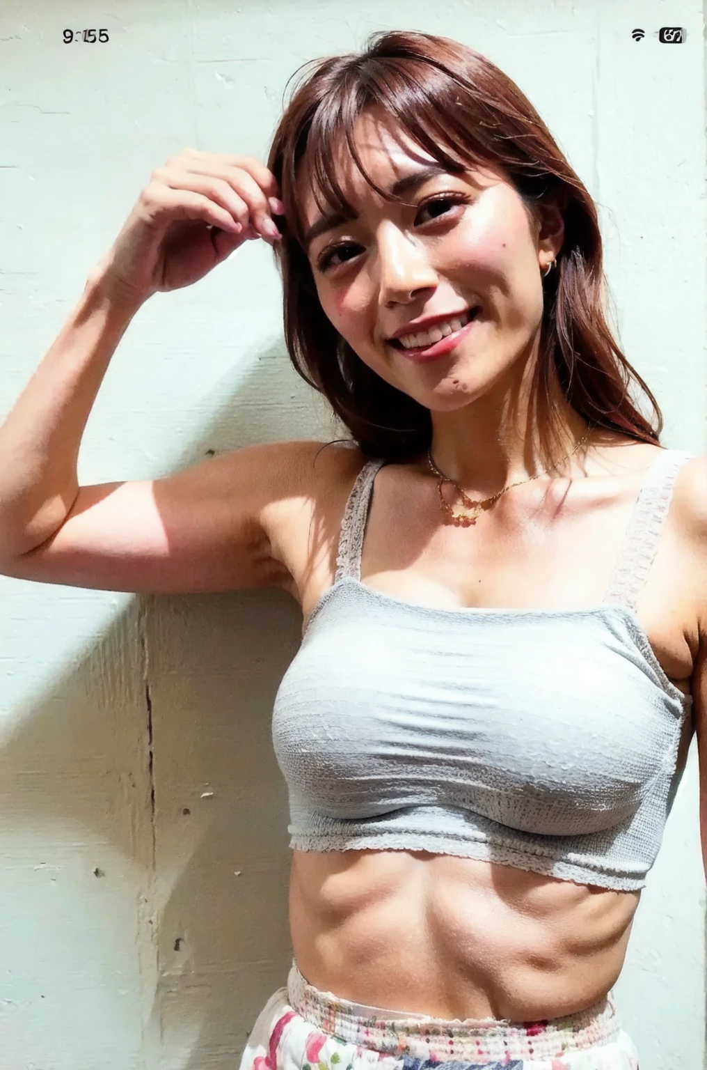 ((Highest quality, 4K, masterpiece: 1.3)), Beautiful woman with perfect figure: 1.4, (Abdominal muscles, Developed hand muscles: 1.2), Dark brown hair, Short tank top, Sweat pants, Large Breasts, Wet body, Sweaty, Raise your arms, smile, Gym, Highly detailed face and skin texture, Fine grain, double eyelid,Abdominal muscles,Bristles,Armpit hair