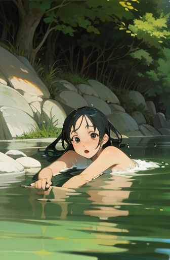 a bikini girl squatting on the ground near water and trees that look like it's from a japanese anime