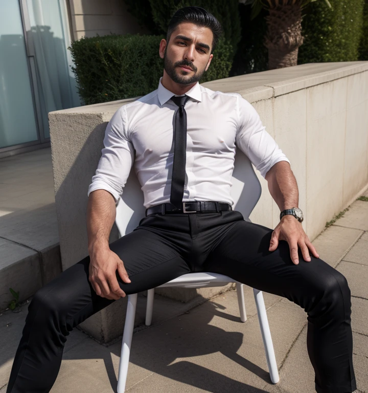 A handsome and sexy man wearing a casual white short and blue suit,and formal pant, , he has gorgeous face,and stylish black hair, and short beard, he is sitting in a cafe, homoerotic, nsfw ,open legs, alluring pose,(pussy)