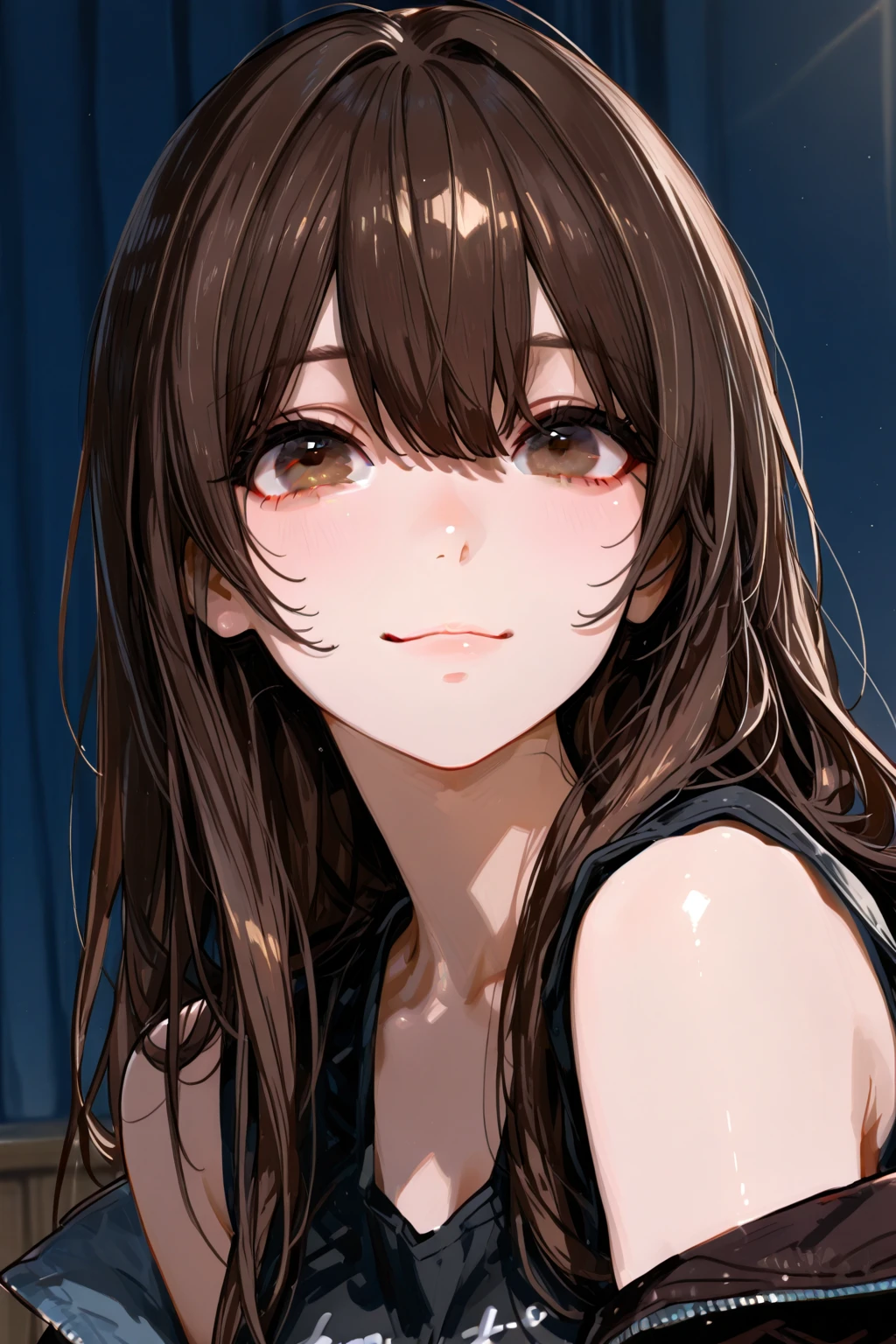 masterpiece, Score_9, Score_8_up, Score_7_up, rear view, 1 woman, alone, brown hair, long curly hair, split bangs, honey eyes, half-closed eyes, parted lips, expressionless, pale skin, large breasts, upper body, Black nightdress with V-neckline, black background, best quality, long and split bangs, boku no Hero academia 