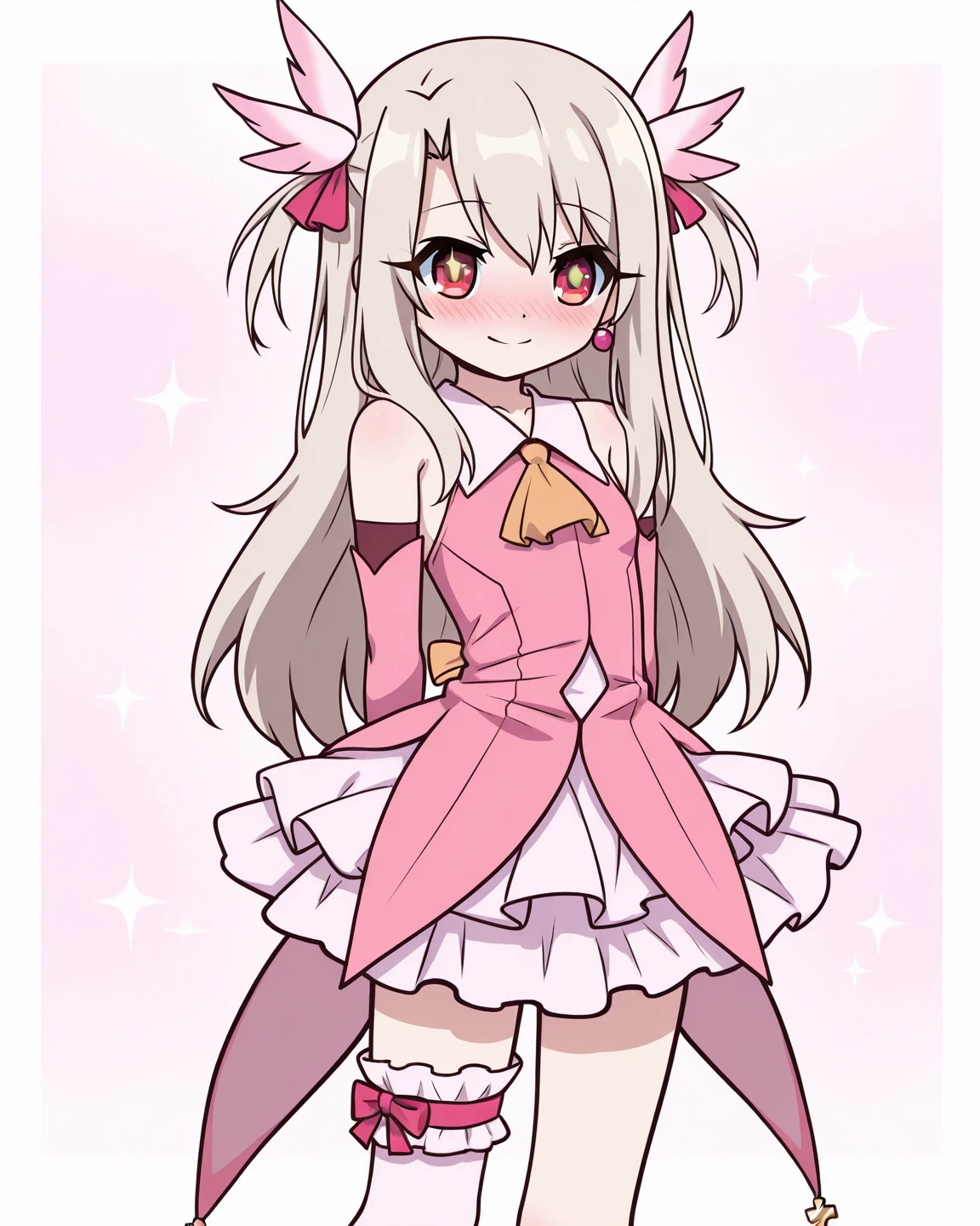 highres, best quality, masterpiece,
1girl, solo, illyasviel von einzbern, 
white hair, red eyes, long hair, two side up, feather hair ornament, pink dress, elbow gloves, magical girl, pink thigh boots,
looking at viewer, blush, smile, open mouth,
standing, hands up,
<lora:Illya_Illus_neclordx:0.2> 
<lora:_pechimaru-sty-elesico-ilxl-29:1.2>
