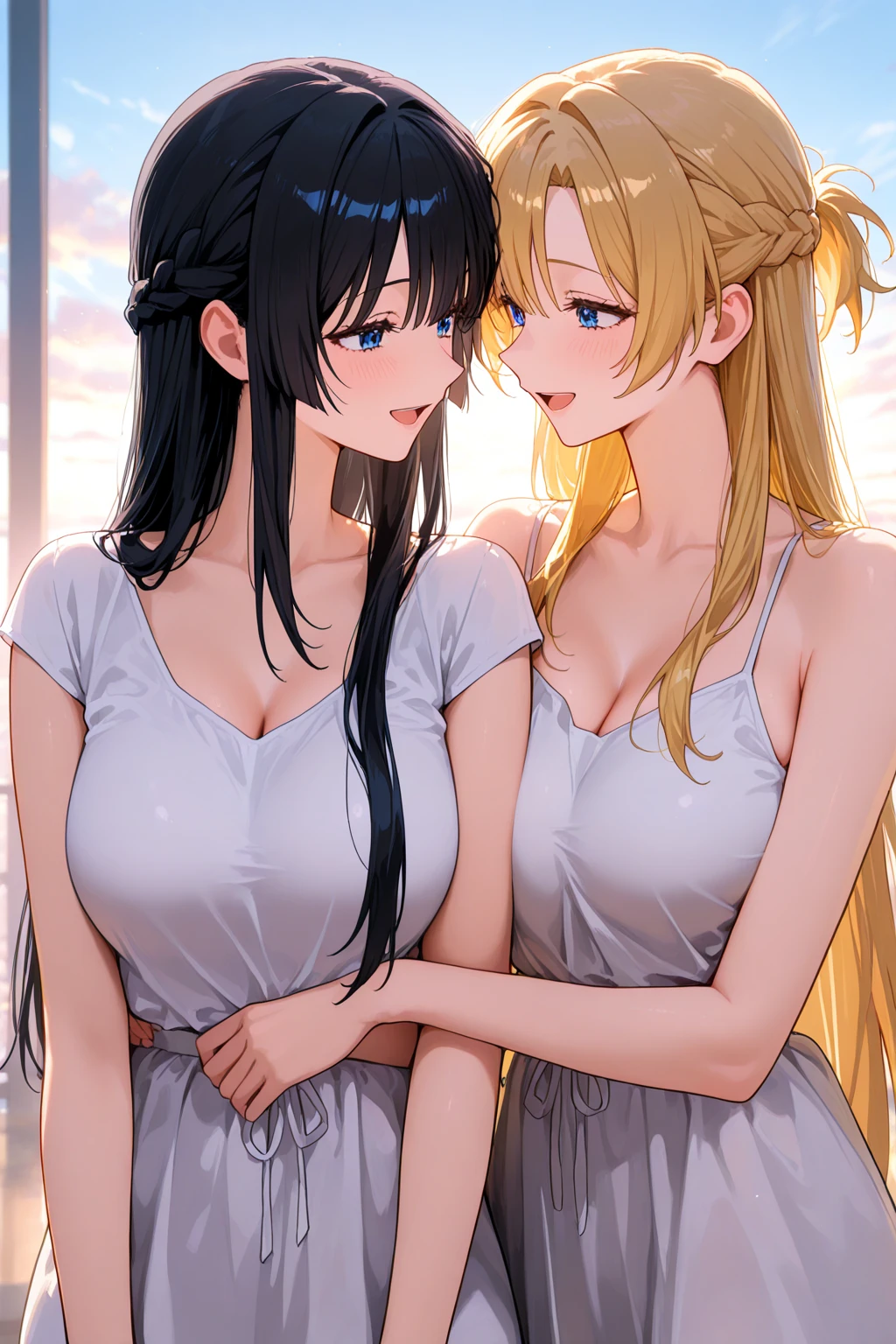 Highest quality、High resolution、Detailed Background、(Beautiful face in every detail:1.4)、Anatomically correct、Hide your fingers、(Detailed facial expressions)、(Detailed eyes:1.2)、Beautiful women in their 20s、(Highly detailed face:1.4)、(Huge breasts:1.2)、Cute hair colour、Bobcut、ponytail、Long Hair、Wavy Hairstyle、well-groomed eyebrows、Cute Eye Makeup、Cute Lip Makeup、Perfect body line、smile、Summer dresses give you a sexy and elegant look.、(Two beautiful girls looking at you with happy expressions:1.5)、Sandy Beach、Outdoor、very beautiful、Cute gestures