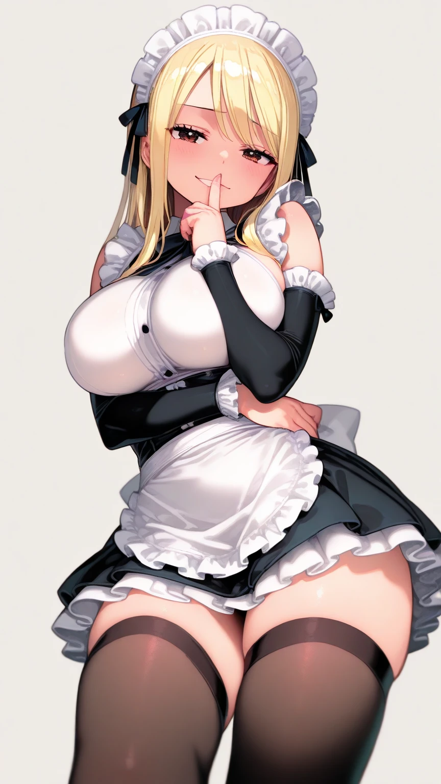 score_9, score_8_up, source_アニメ,Blonde,Blue Eyes,long hair,tall,very big breasts,sharp eye,((1girl)),shiny skin,Maid clothes,Black latex,front open,Areola,Reverse Bunny Suit