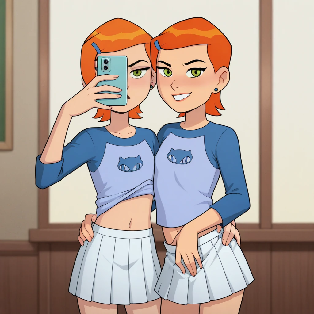 sam, totally spies, green eyes, orange hair, pink top, doggystyle sex, shota-boy, bed, notebook, pencil, smile, half-closed eyes, bare shoulders, laying on stomach