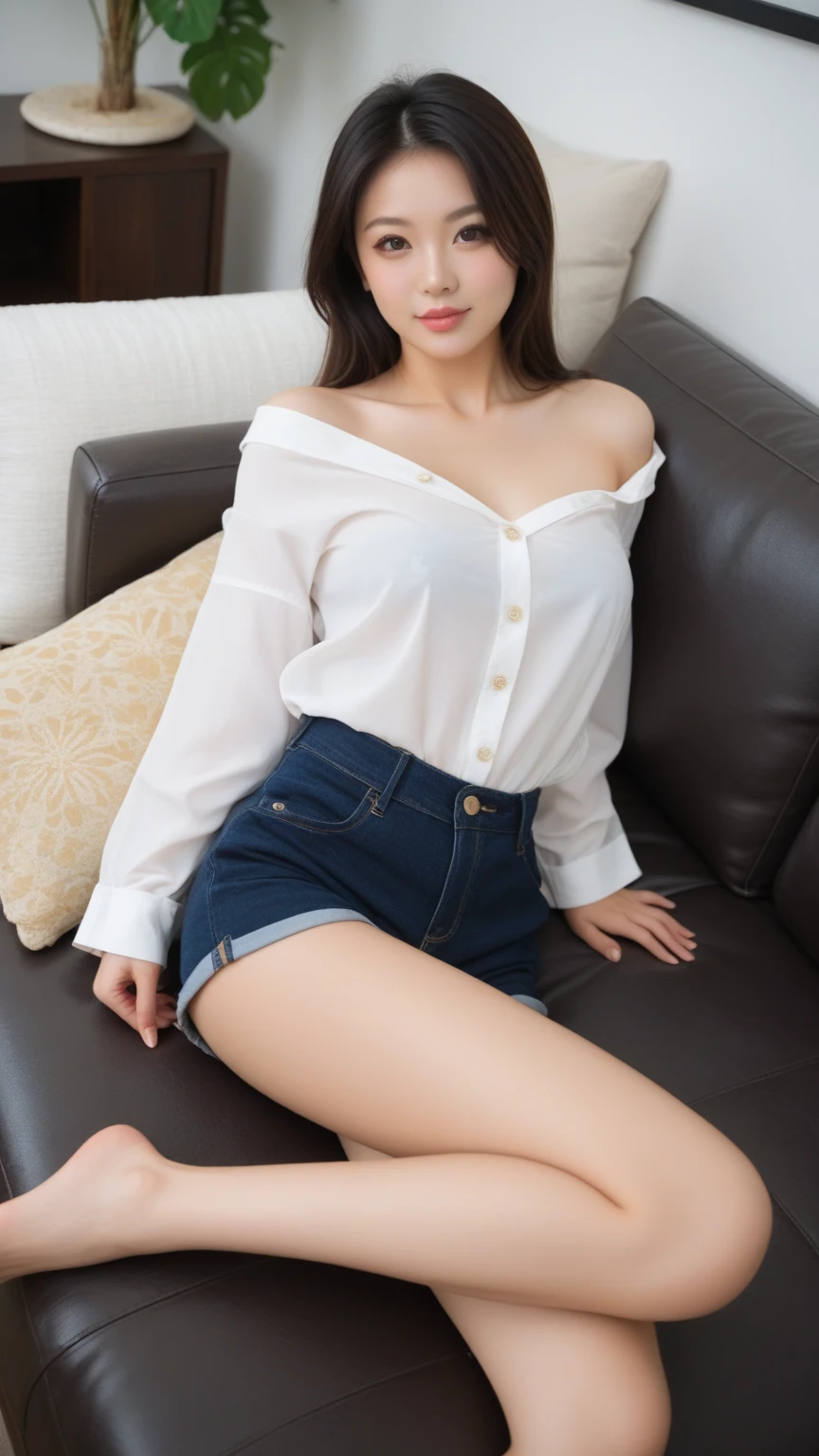 sensual asian woman, white shorts and white buttoned blouse, semi-new, legs spread open, low angle, legs spread open, biting your mouth sensually, showing panties